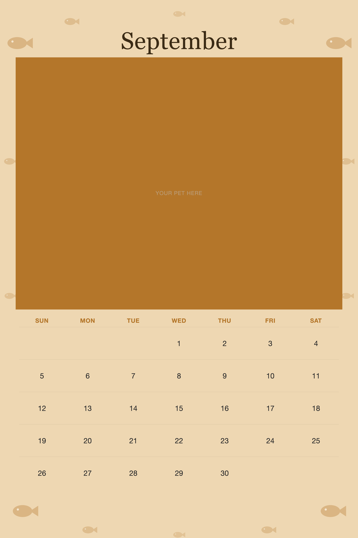 September page of the Personalized Cat Photo Wall Calendar 2027, with a photo area above the date grid