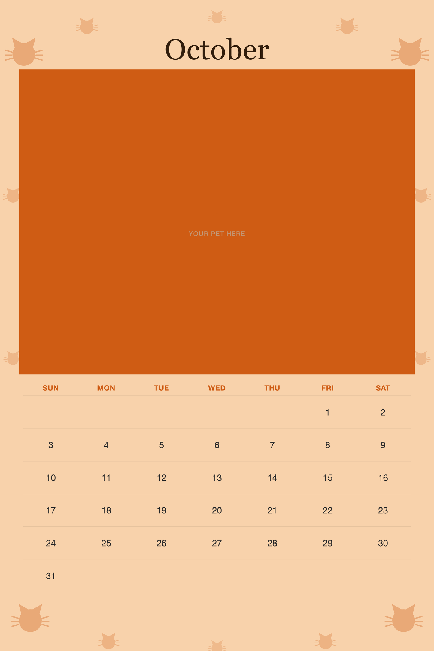 October page of the Personalized Cat Photo Wall Calendar 2027, with a photo area above the date grid