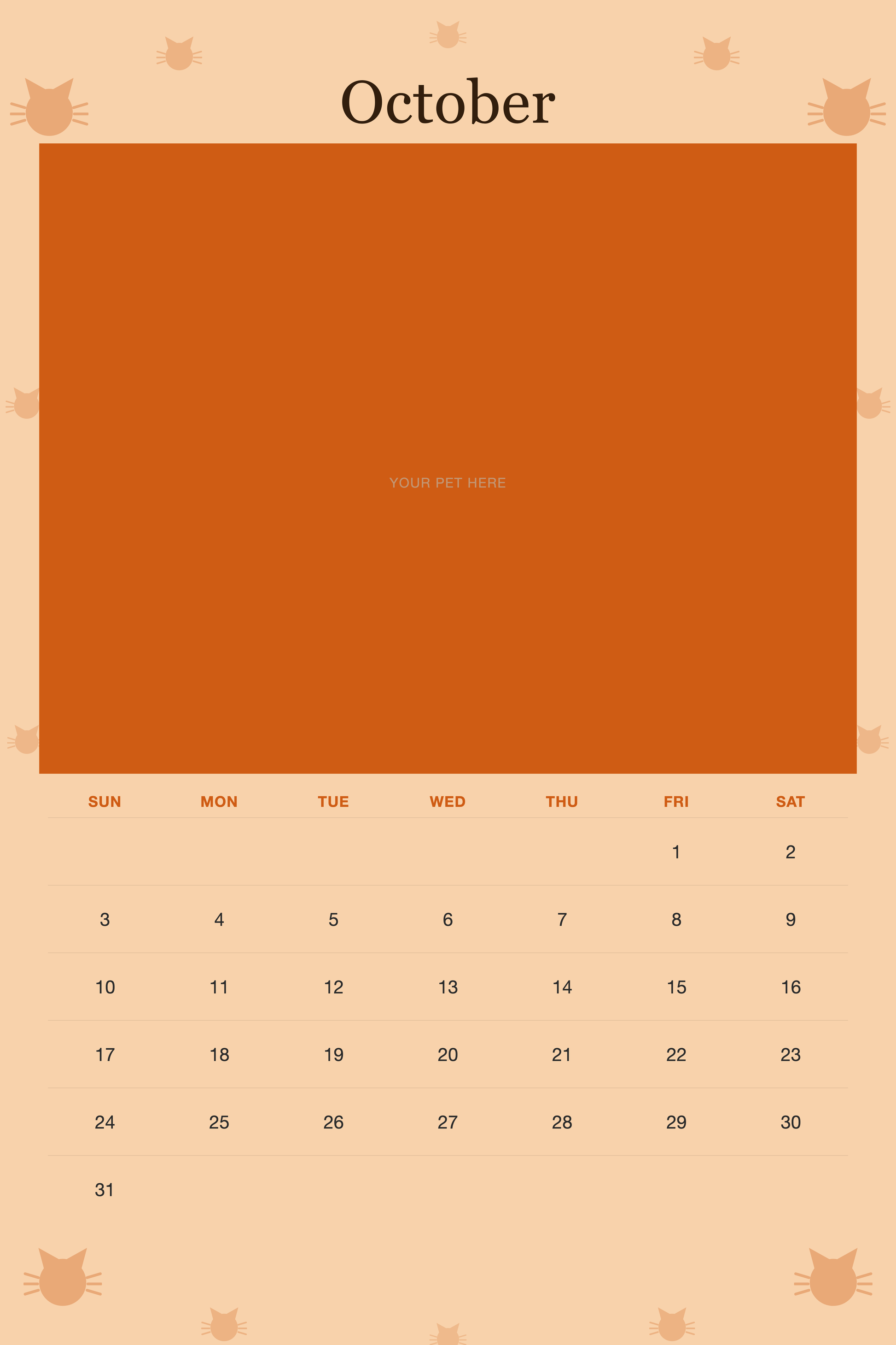 October page of the Personalized Cat Photo Wall Calendar 2027, with a photo area above the date grid