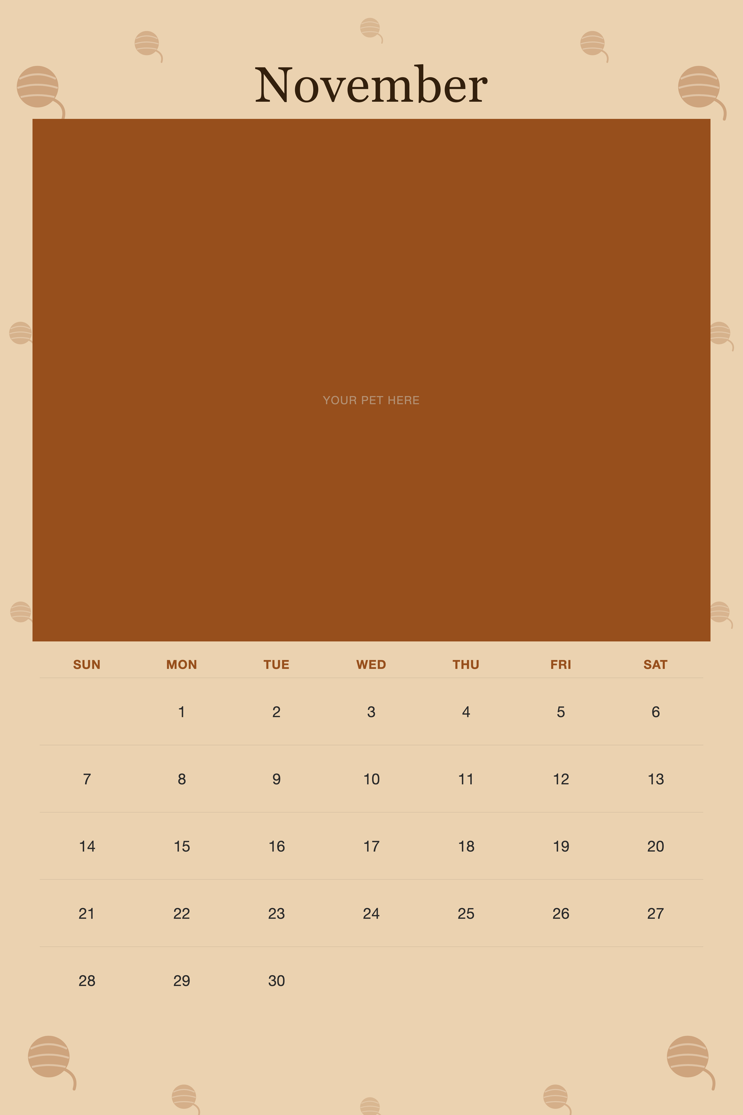 November page of the Personalized Cat Photo Wall Calendar 2027, with a photo area above the date grid