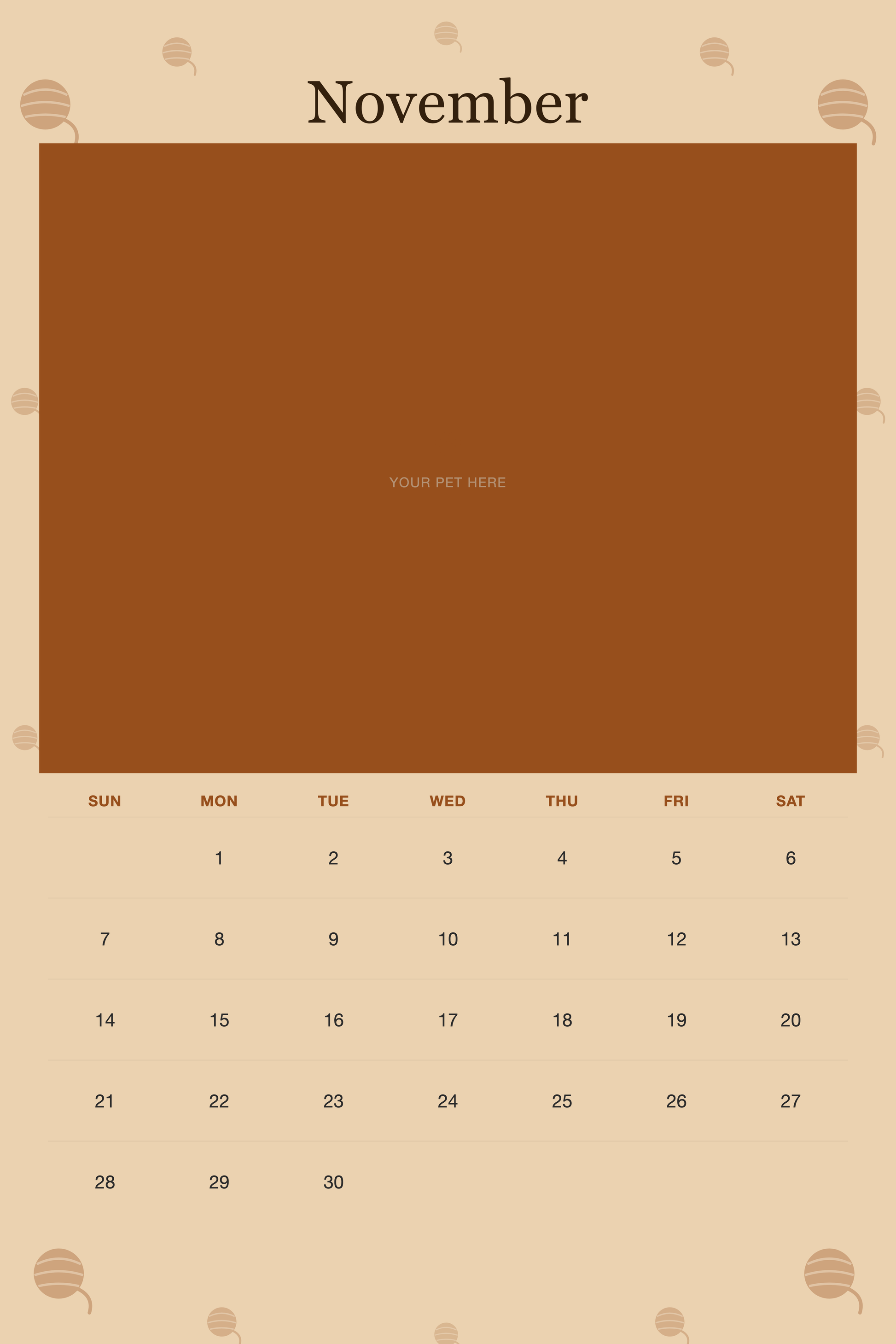 November page of the Personalized Cat Photo Wall Calendar 2027, with a photo area above the date grid