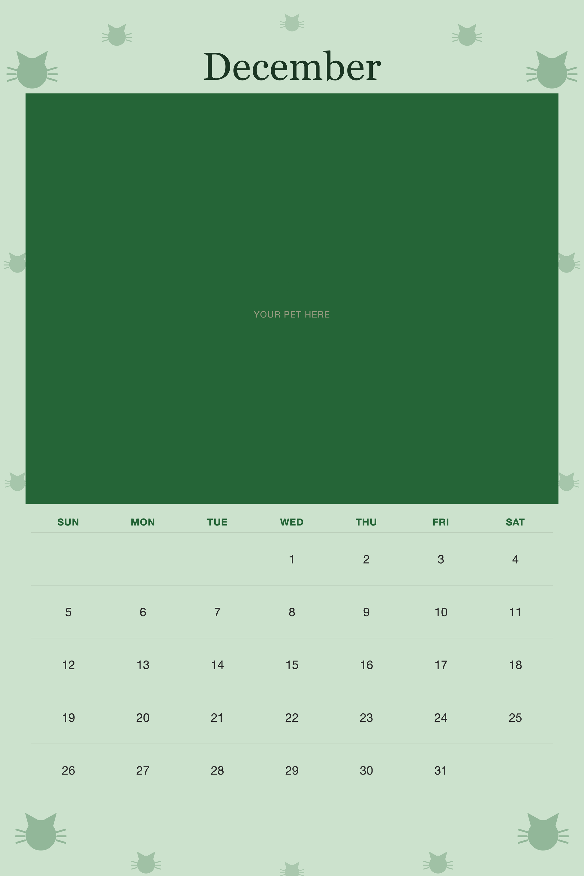 December page of the Personalized Cat Photo Wall Calendar 2027, with a photo area above the date grid