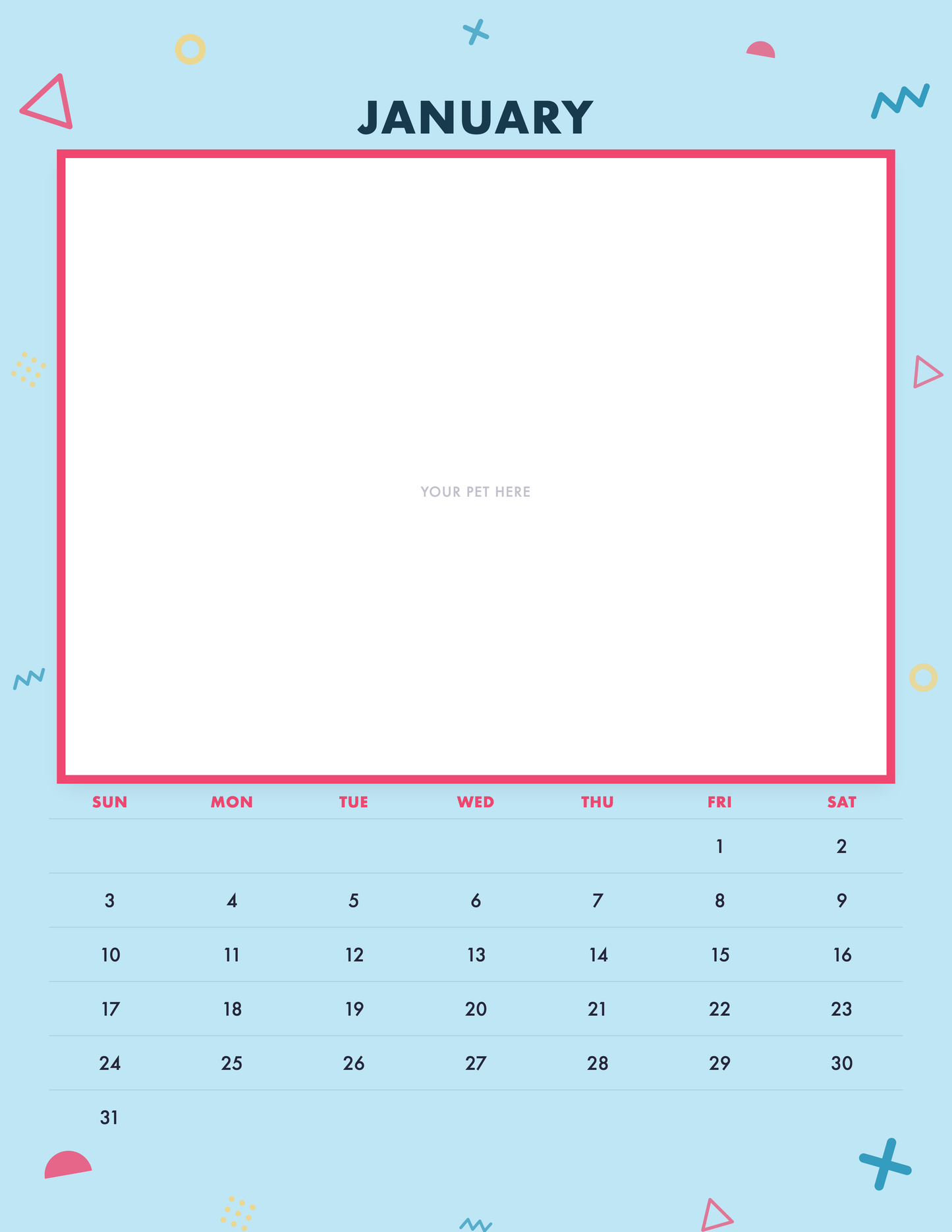 January page of the Personalized Pet Photo Calendar 2027 — Confetti Pop, with a photo area above the date grid