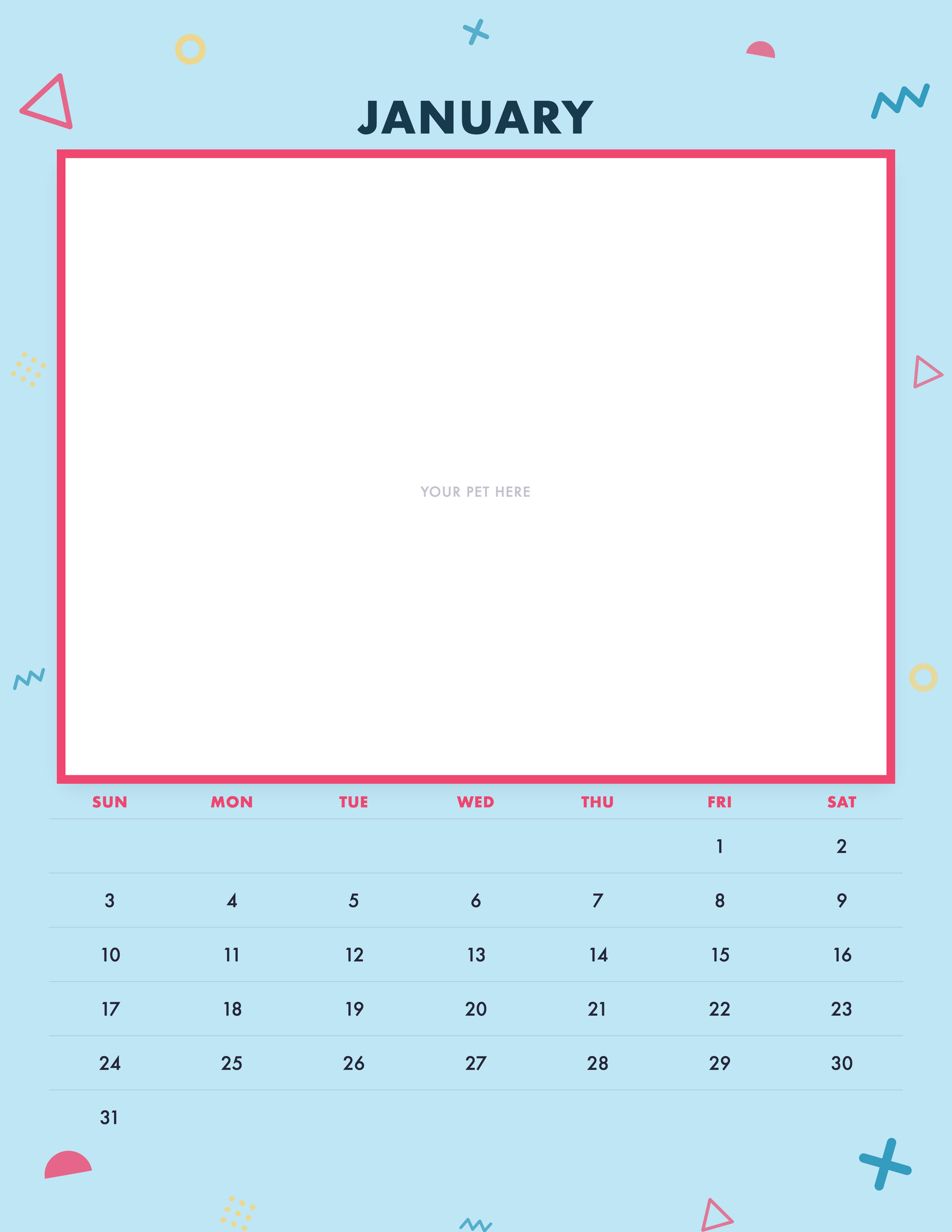 January page of the Personalized Pet Photo Calendar 2027 — Confetti Pop, with a photo area above the date grid