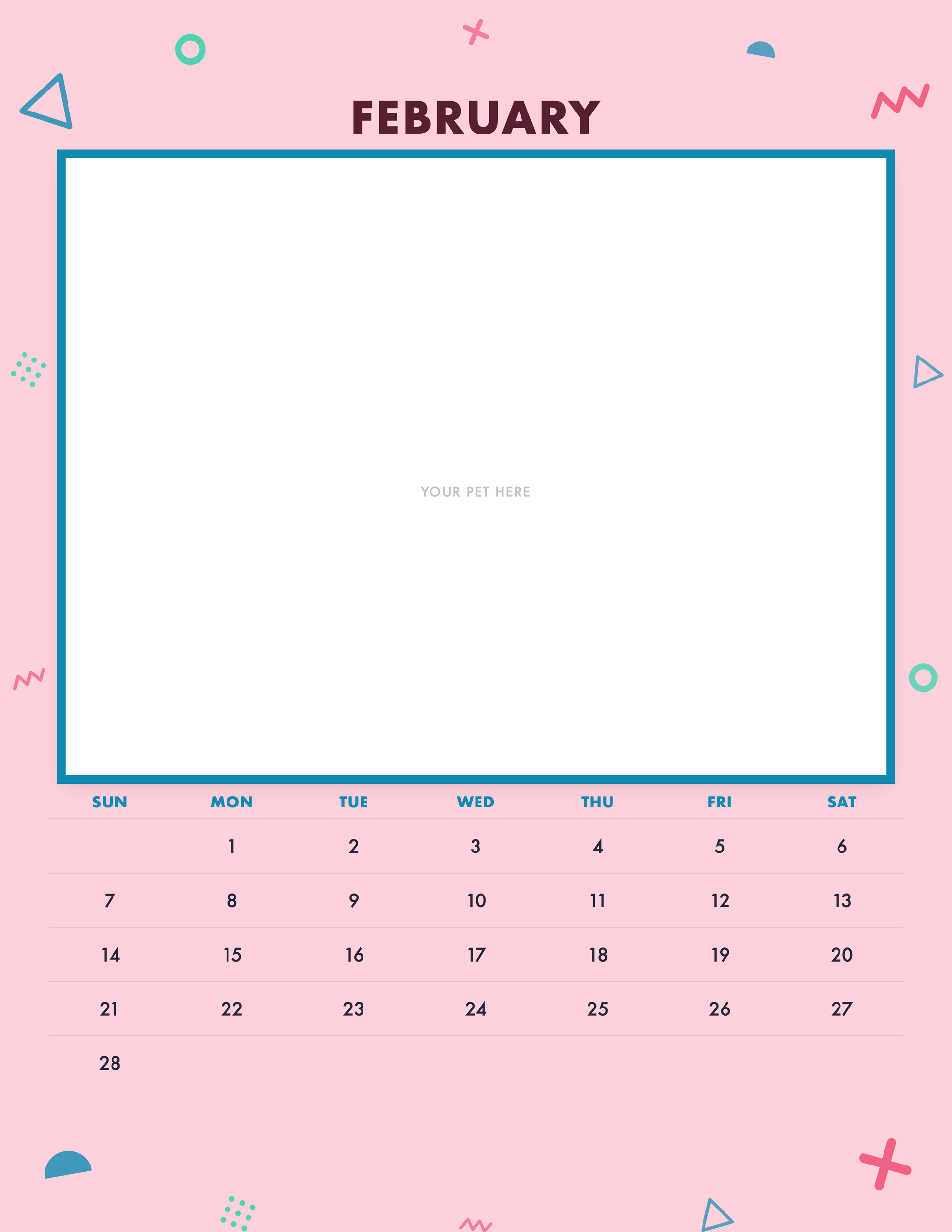 February page of the Personalized Pet Photo Calendar 2027 — Confetti Pop, with a photo area above the date grid