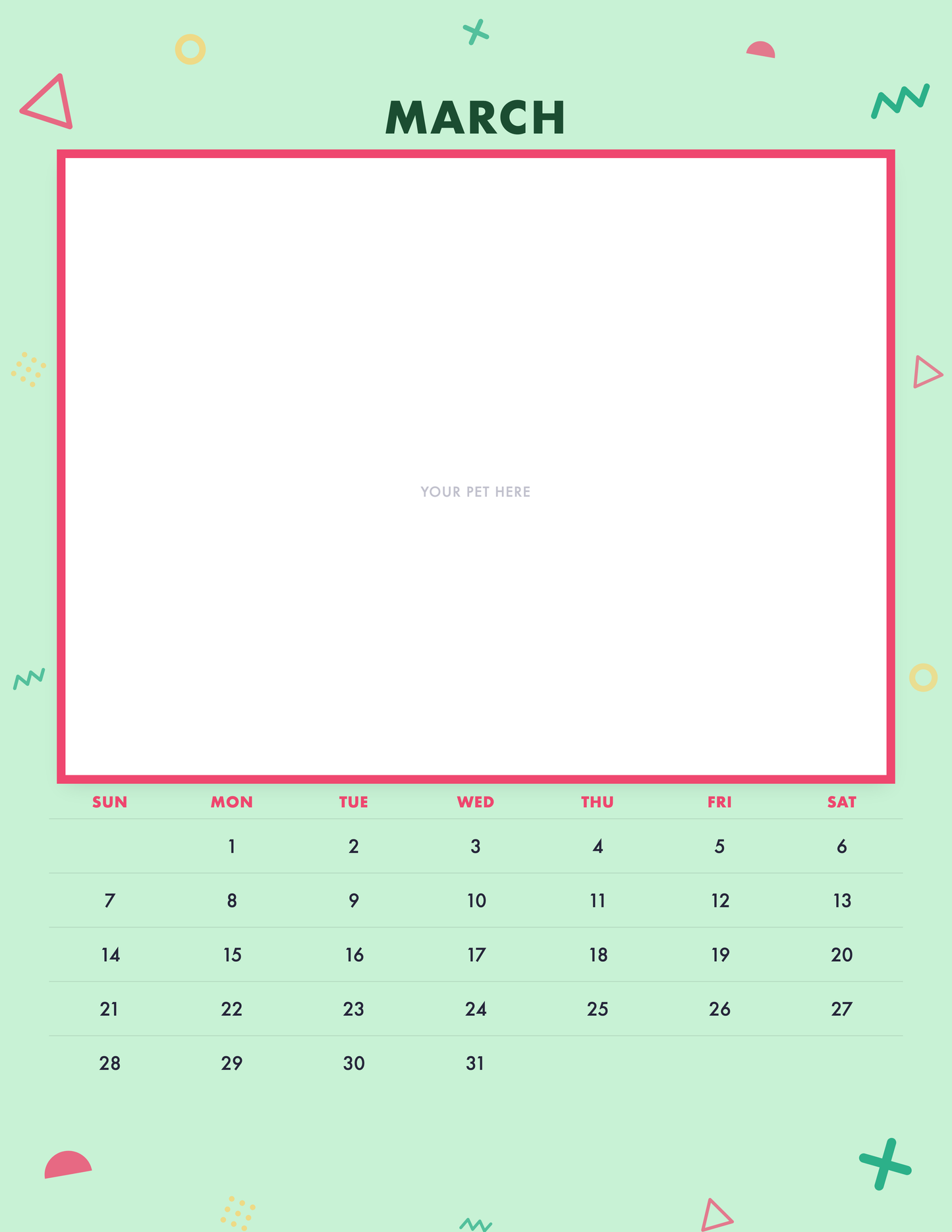 March page of the Personalized Pet Photo Calendar 2027 — Confetti Pop, with a photo area above the date grid