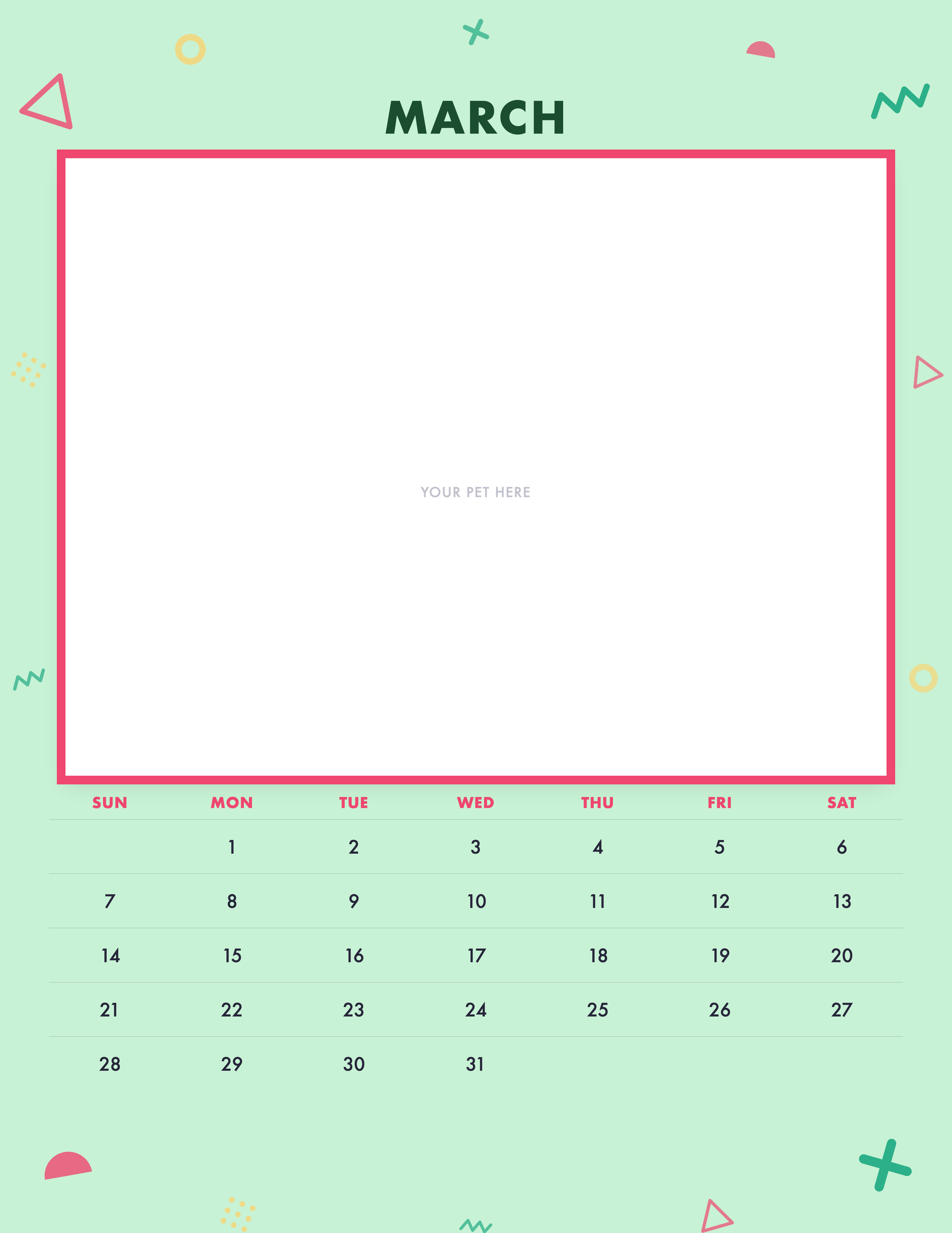March page of the Personalized Pet Photo Calendar 2027 — Confetti Pop, with a photo area above the date grid