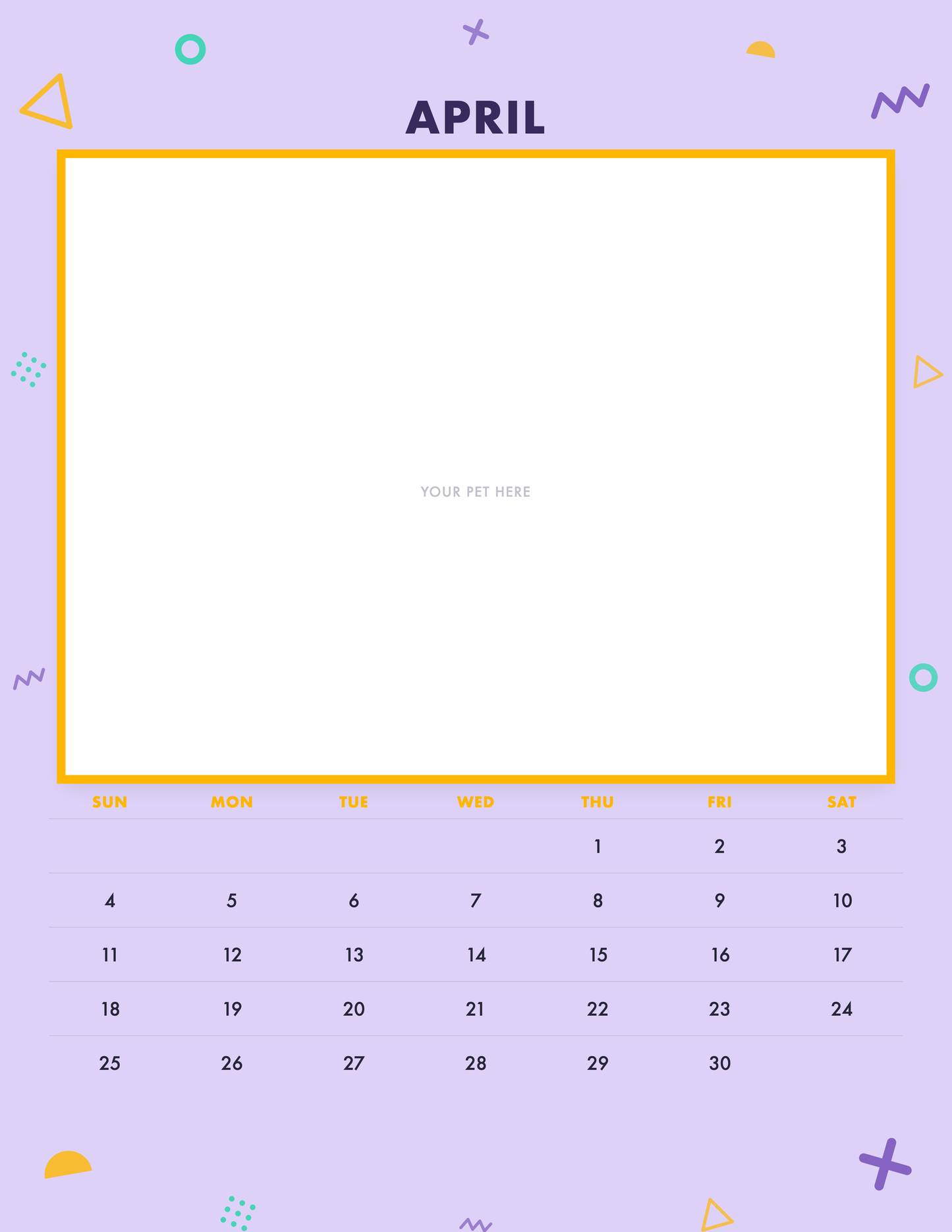 April page of the Personalized Pet Photo Calendar 2027 — Confetti Pop, with a photo area above the date grid