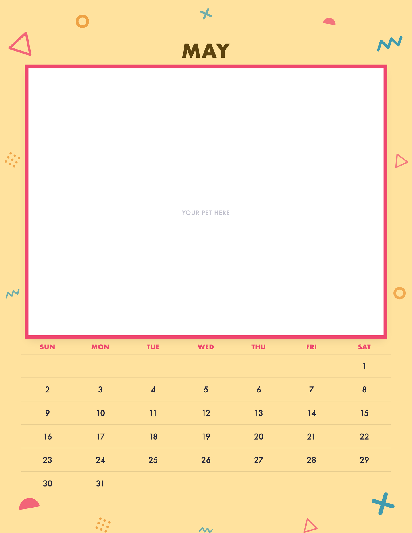 May page of the Personalized Pet Photo Calendar 2027 — Confetti Pop, with a photo area above the date grid