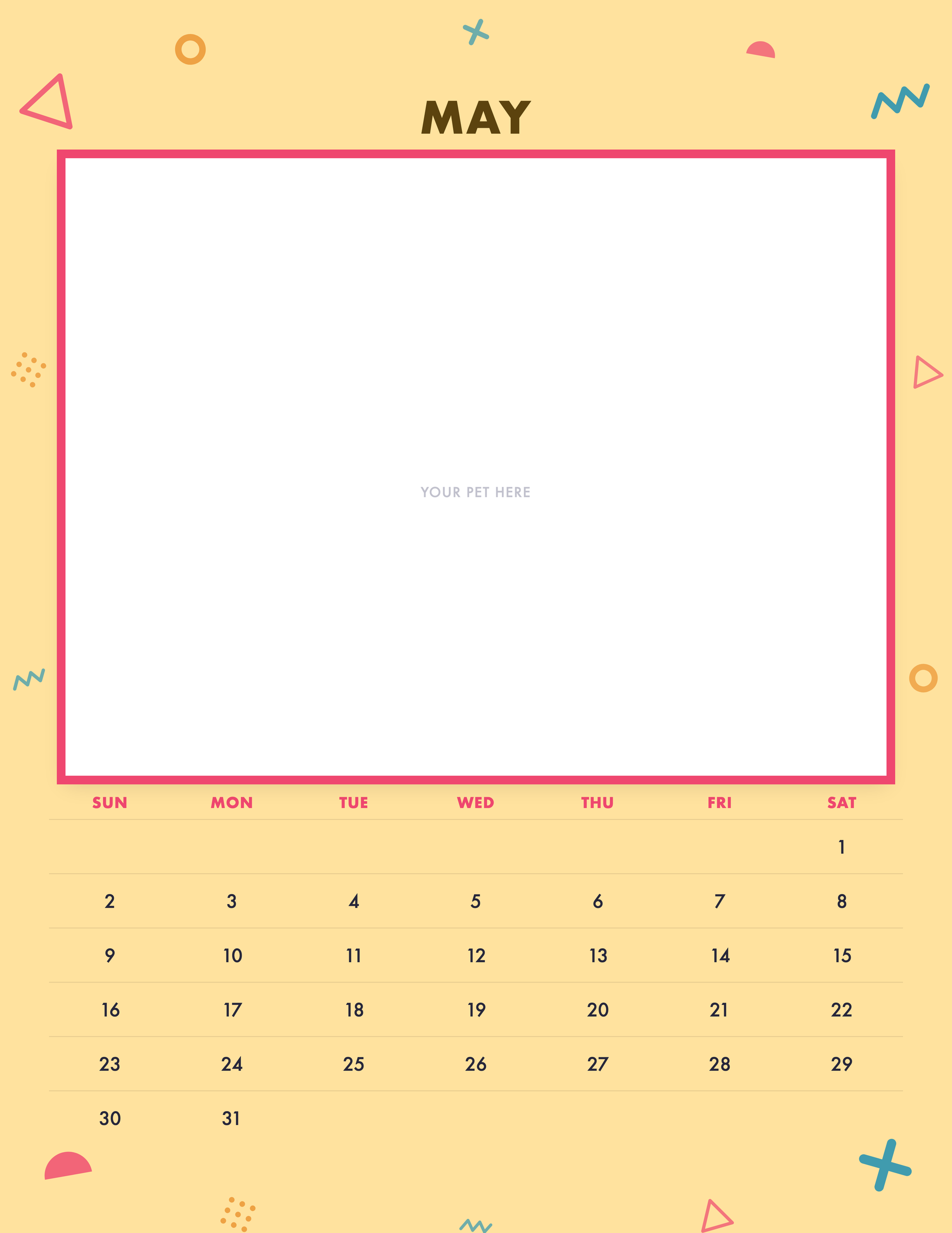 May page of the Personalized Pet Photo Calendar 2027 — Confetti Pop, with a photo area above the date grid
