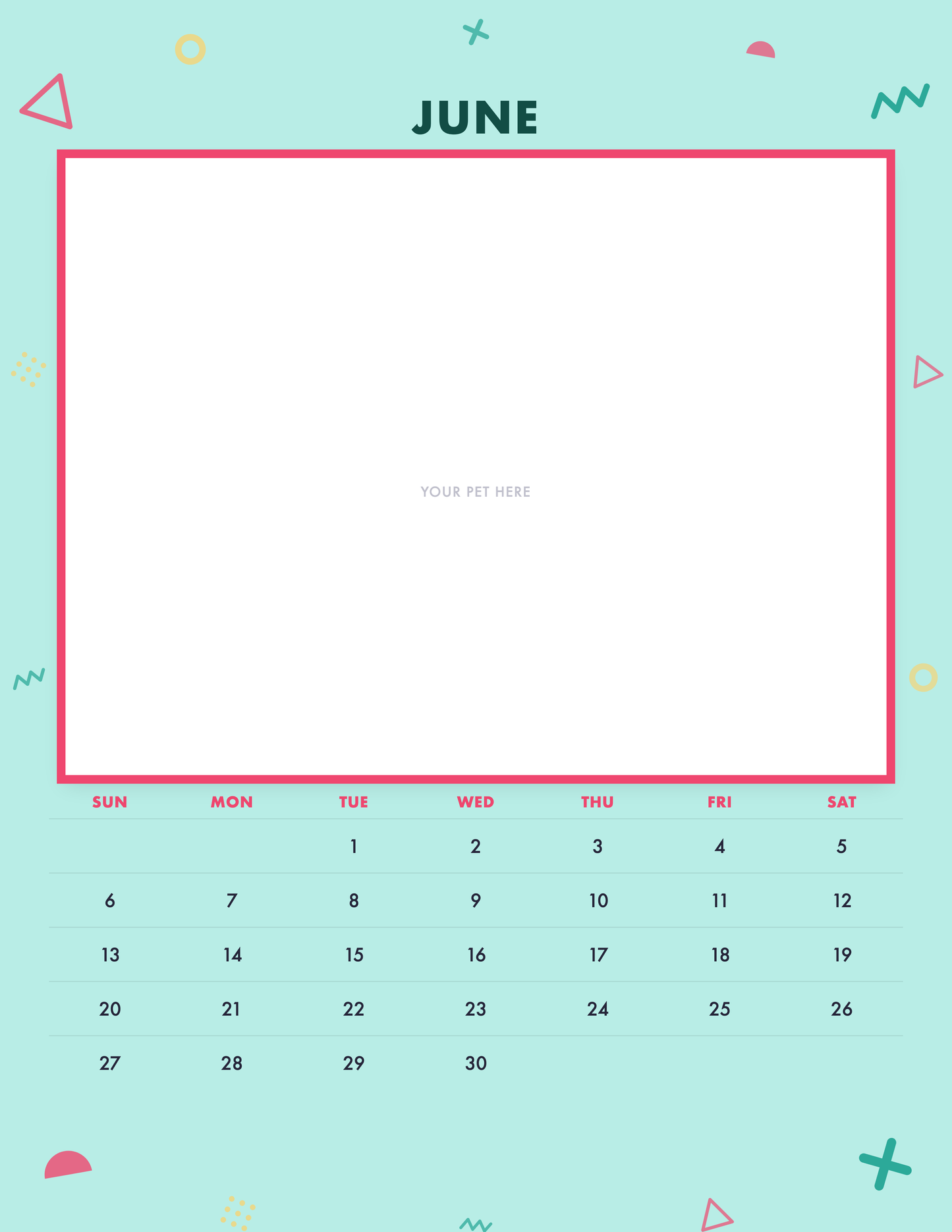 June page of the Personalized Pet Photo Calendar 2027 — Confetti Pop, with a photo area above the date grid