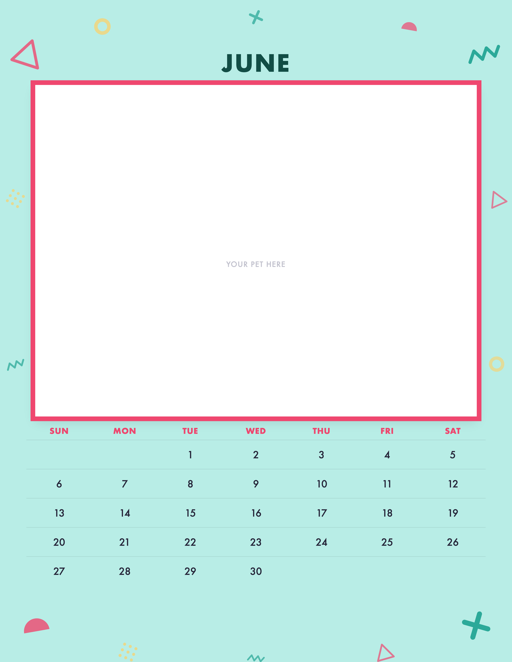 June page of the Personalized Pet Photo Calendar 2027 — Confetti Pop, with a photo area above the date grid