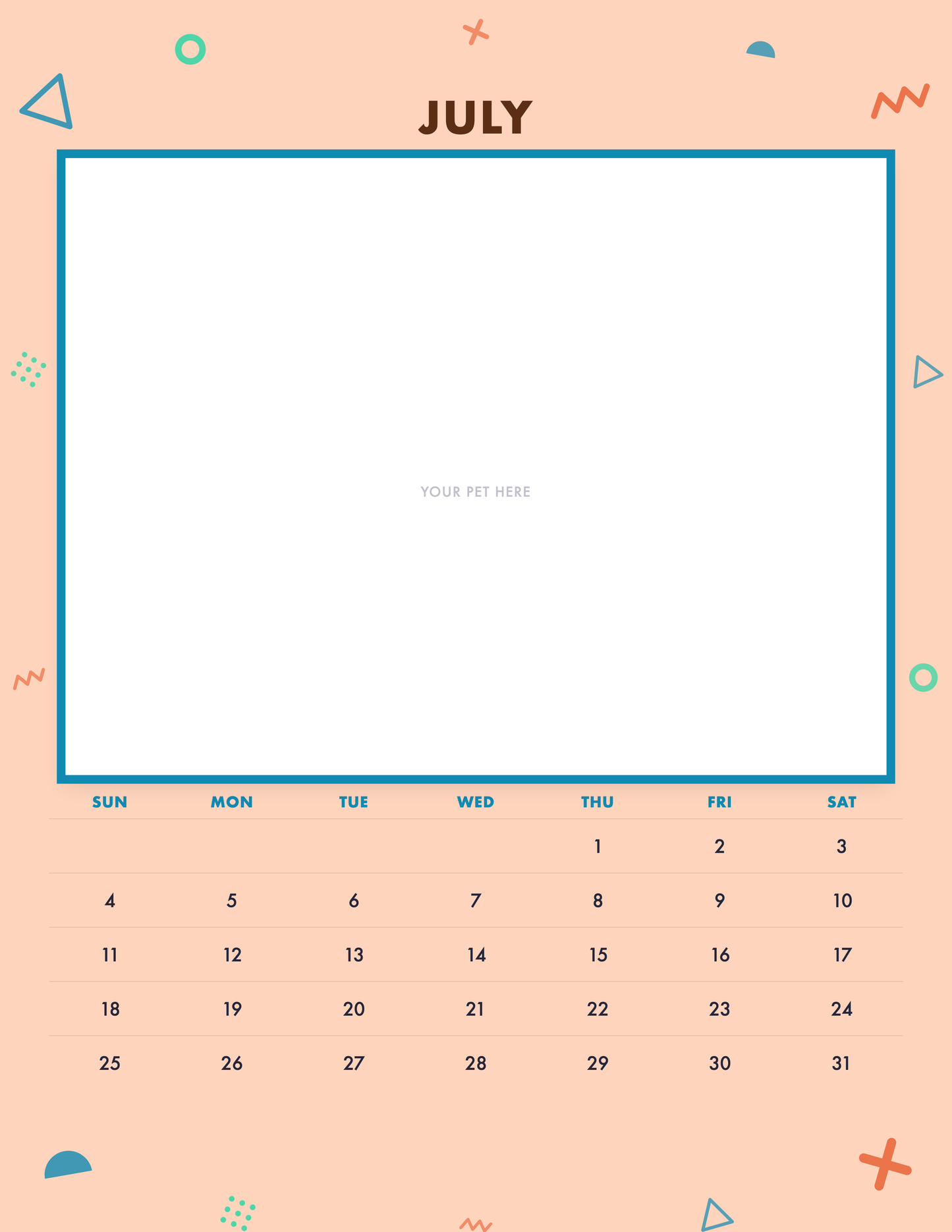July page of the Personalized Pet Photo Calendar 2027 — Confetti Pop, with a photo area above the date grid