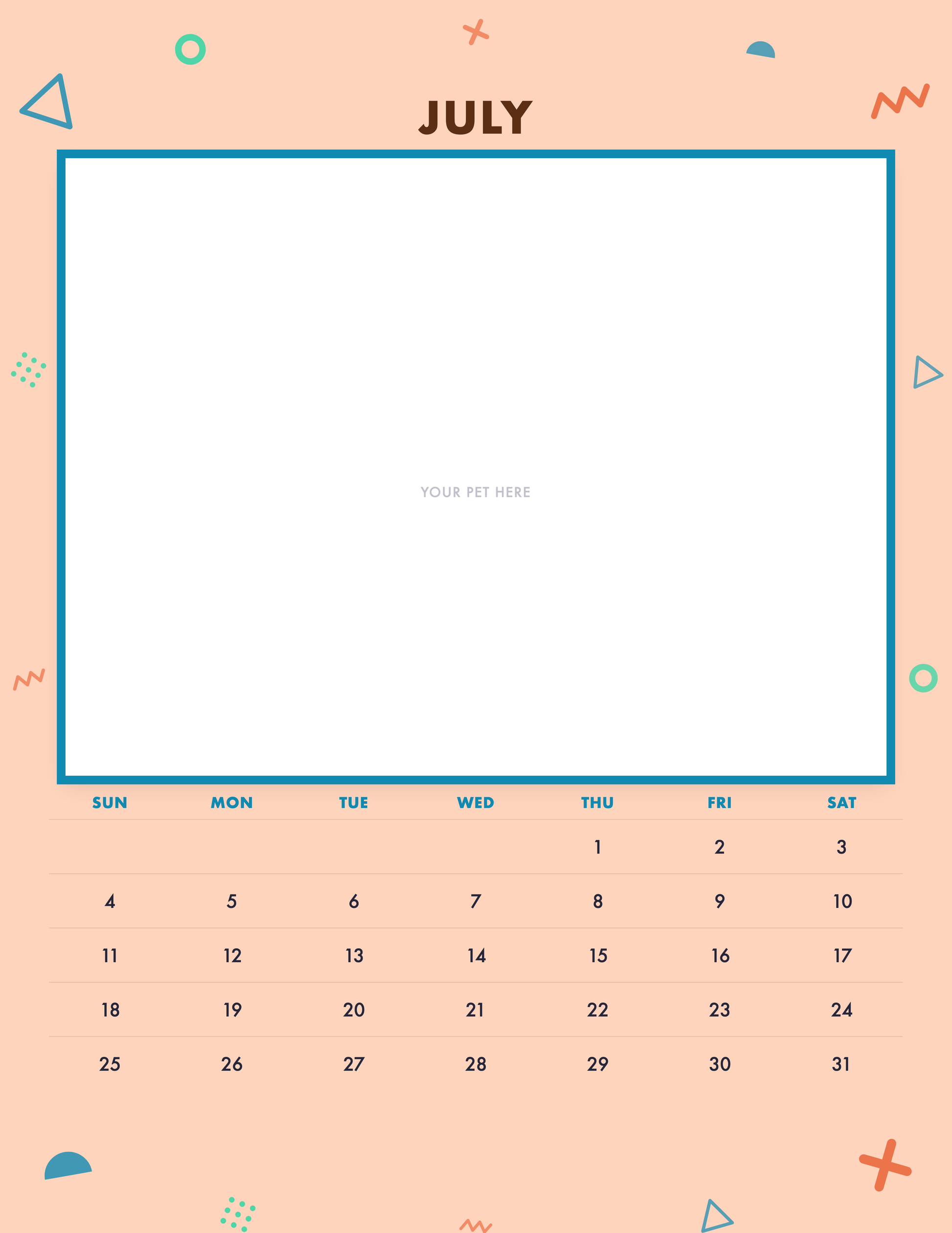 July page of the Personalized Pet Photo Calendar 2027 — Confetti Pop, with a photo area above the date grid
