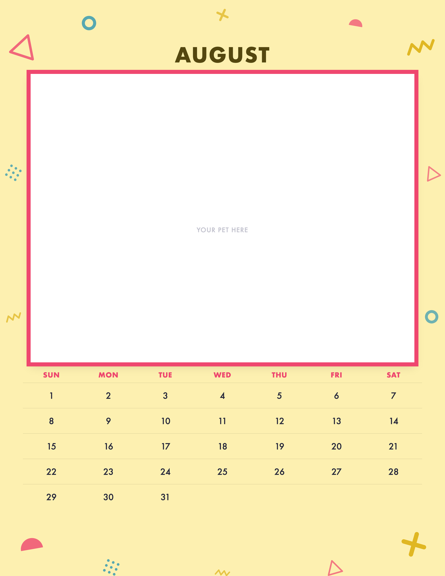 August page of the Personalized Pet Photo Calendar 2027 — Confetti Pop, with a photo area above the date grid