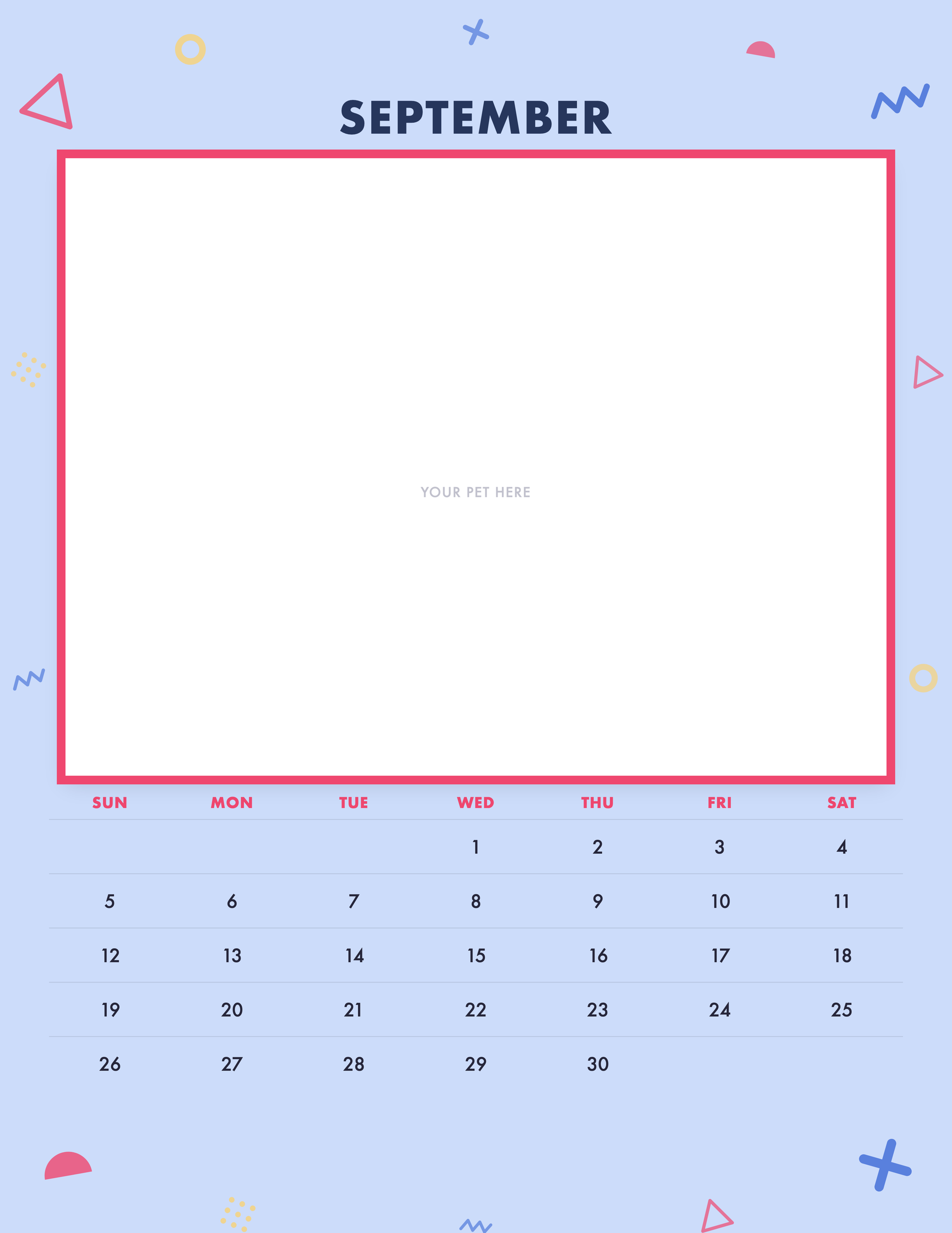 September page of the Personalized Pet Photo Calendar 2027 — Confetti Pop, with a photo area above the date grid