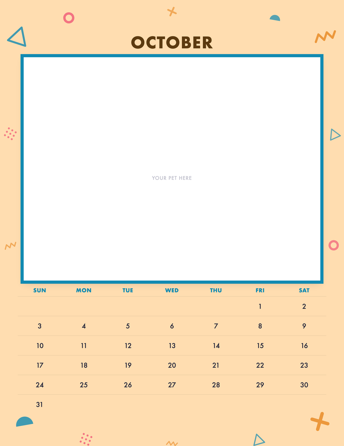 October page of the Personalized Pet Photo Calendar 2027 — Confetti Pop, with a photo area above the date grid