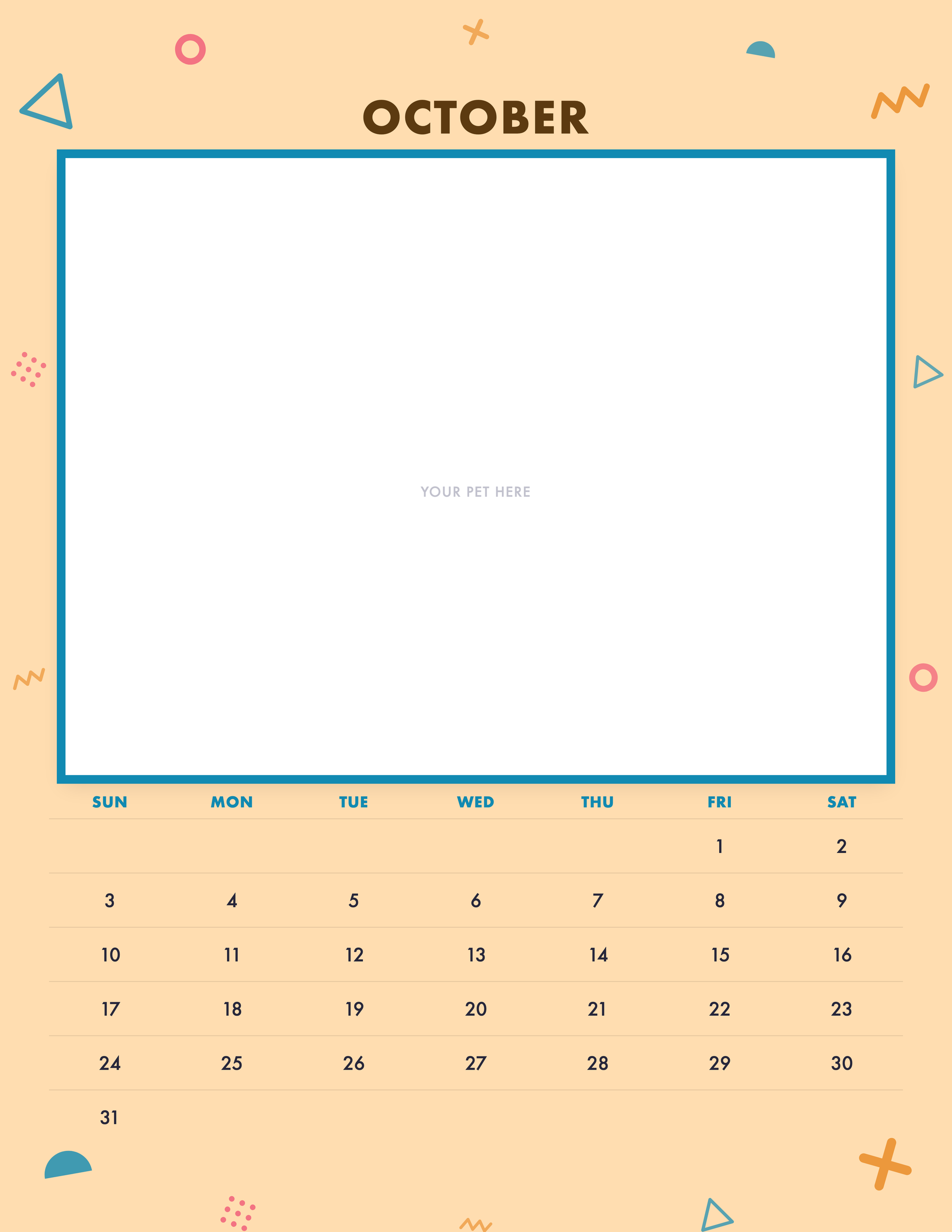 October page of the Personalized Pet Photo Calendar 2027 — Confetti Pop, with a photo area above the date grid