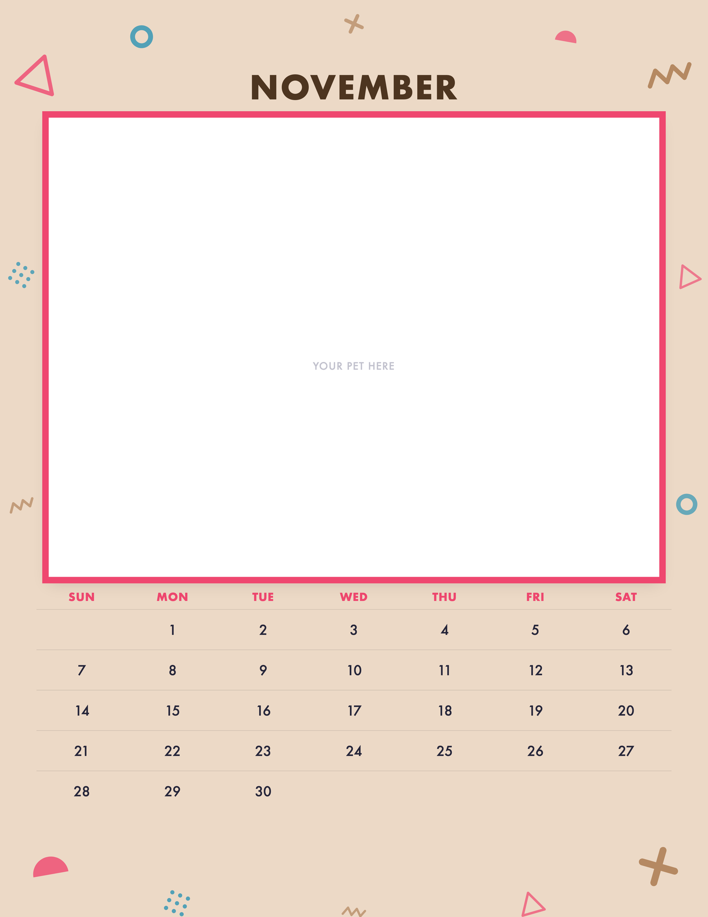 November page of the Personalized Pet Photo Calendar 2027 — Confetti Pop, with a photo area above the date grid