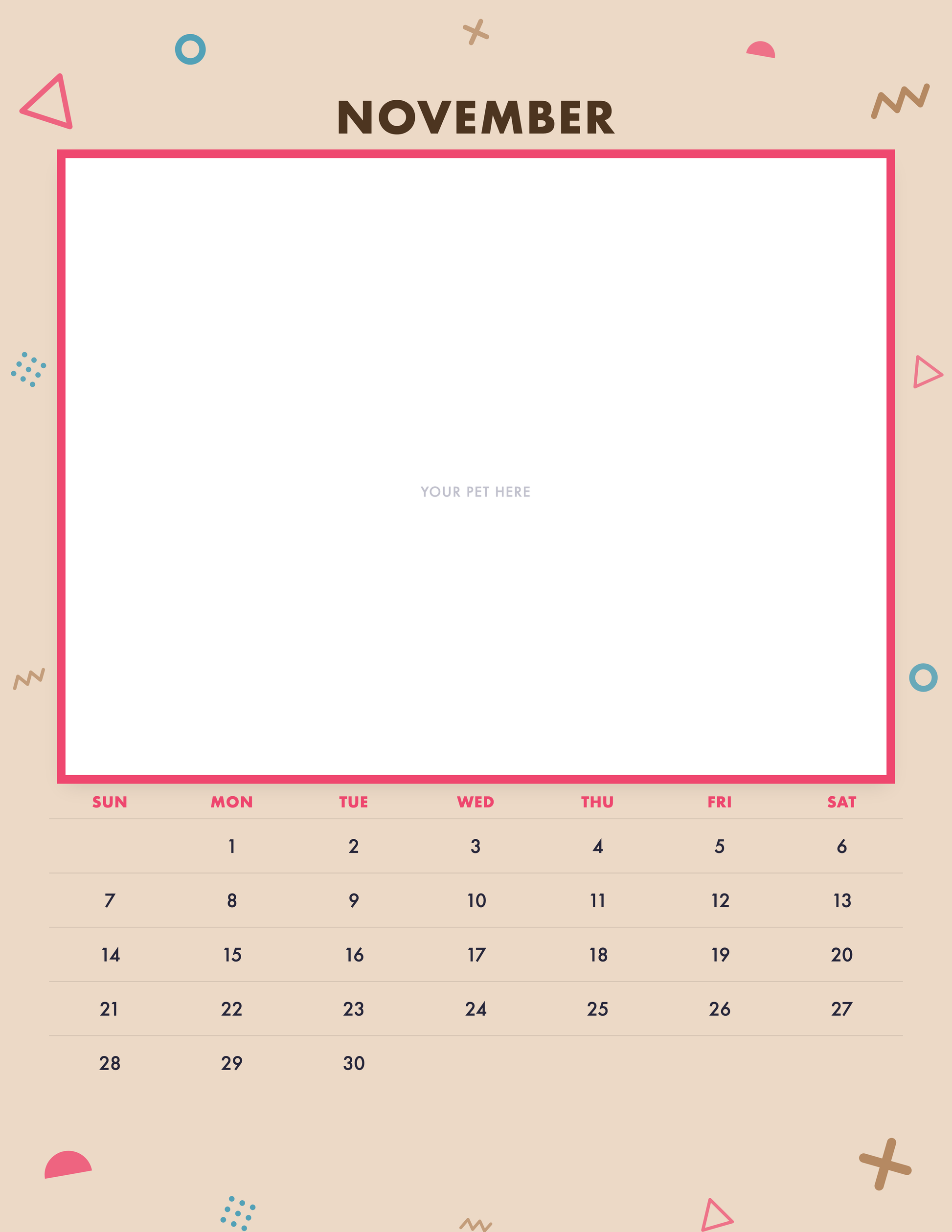 November page of the Personalized Pet Photo Calendar 2027 — Confetti Pop, with a photo area above the date grid