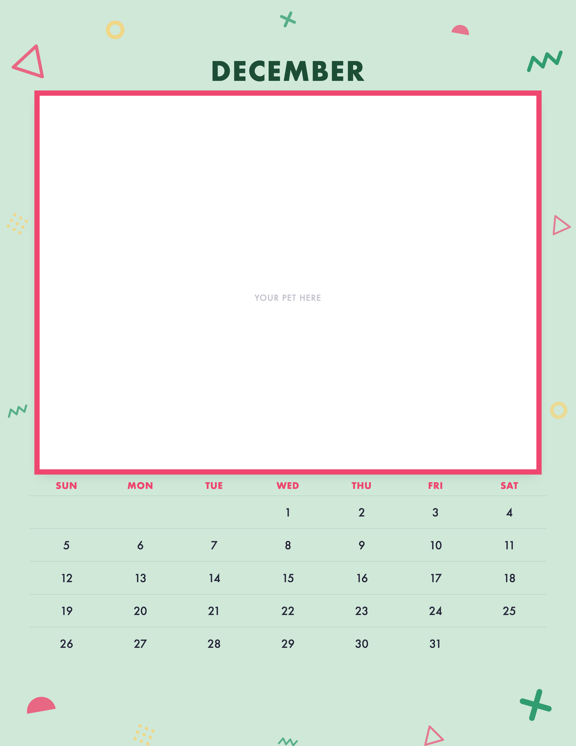 December page of the Personalized Pet Photo Calendar 2027 — Confetti Pop, with a photo area above the date grid