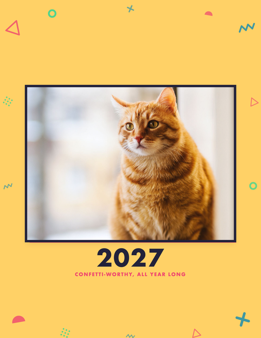 Personalized Pet Photo Calendar 2027 — Confetti Pop shown with a sample pet photo on the cover