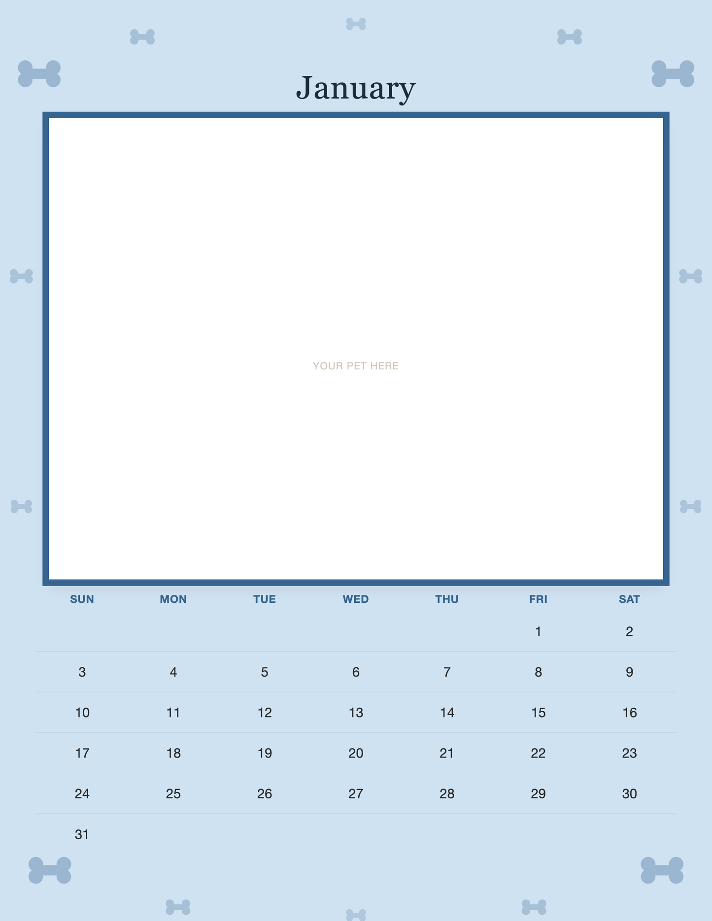 January page of the Personalized Dog Photo Wall Calendar 2027, with a photo area above the date grid