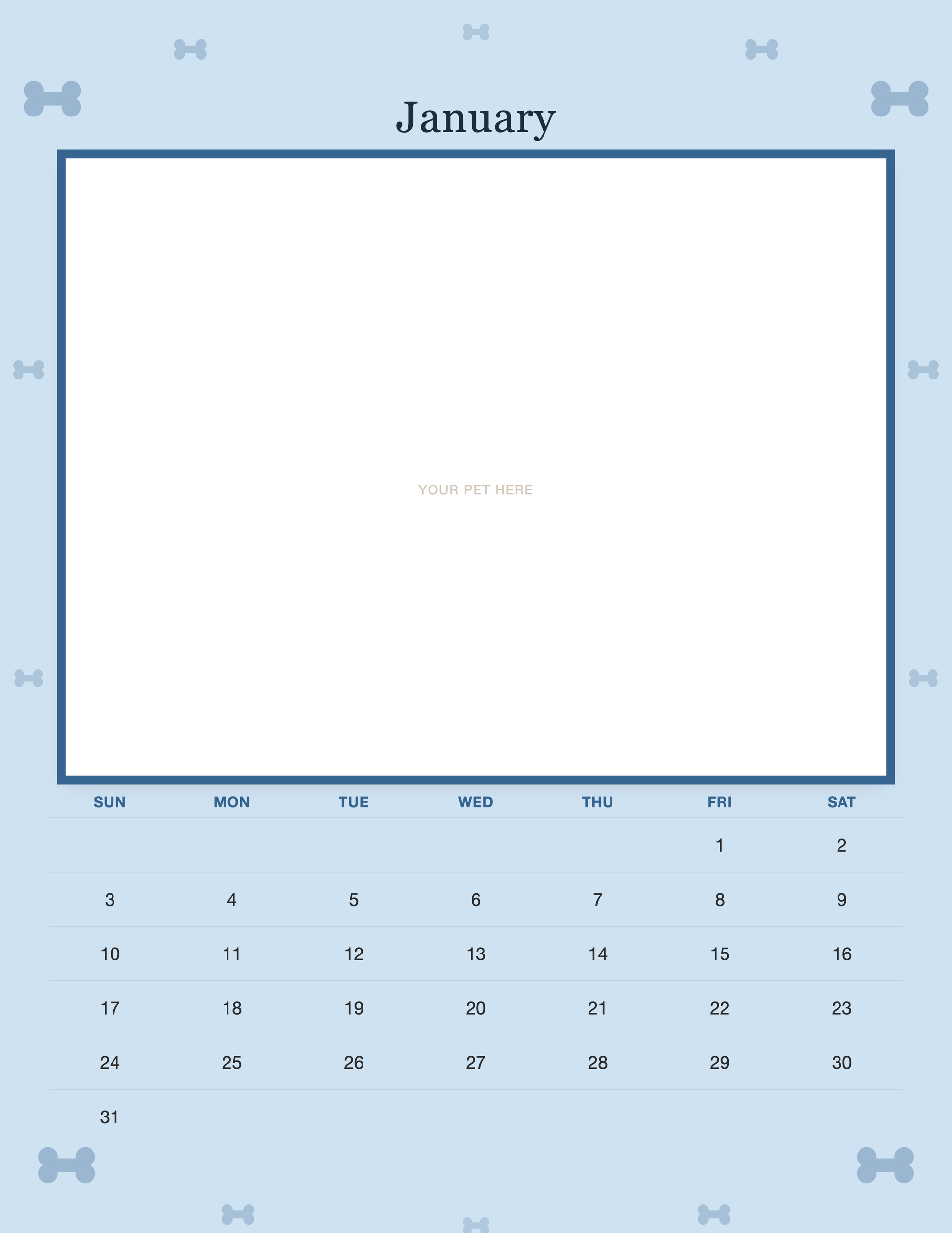 January page of the Personalized Dog Photo Wall Calendar 2027, with a photo area above the date grid