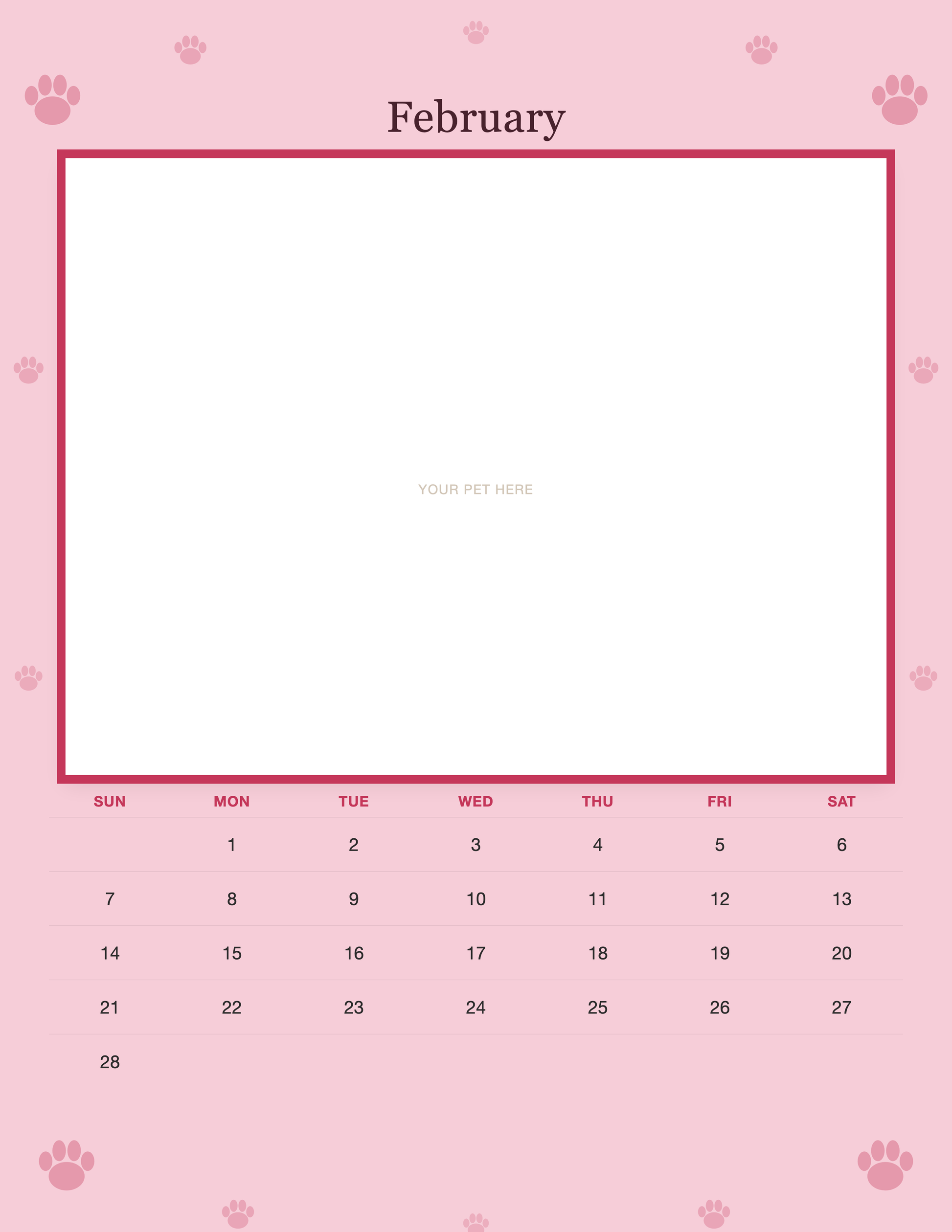 February page of the Personalized Dog Photo Wall Calendar 2027, with a photo area above the date grid