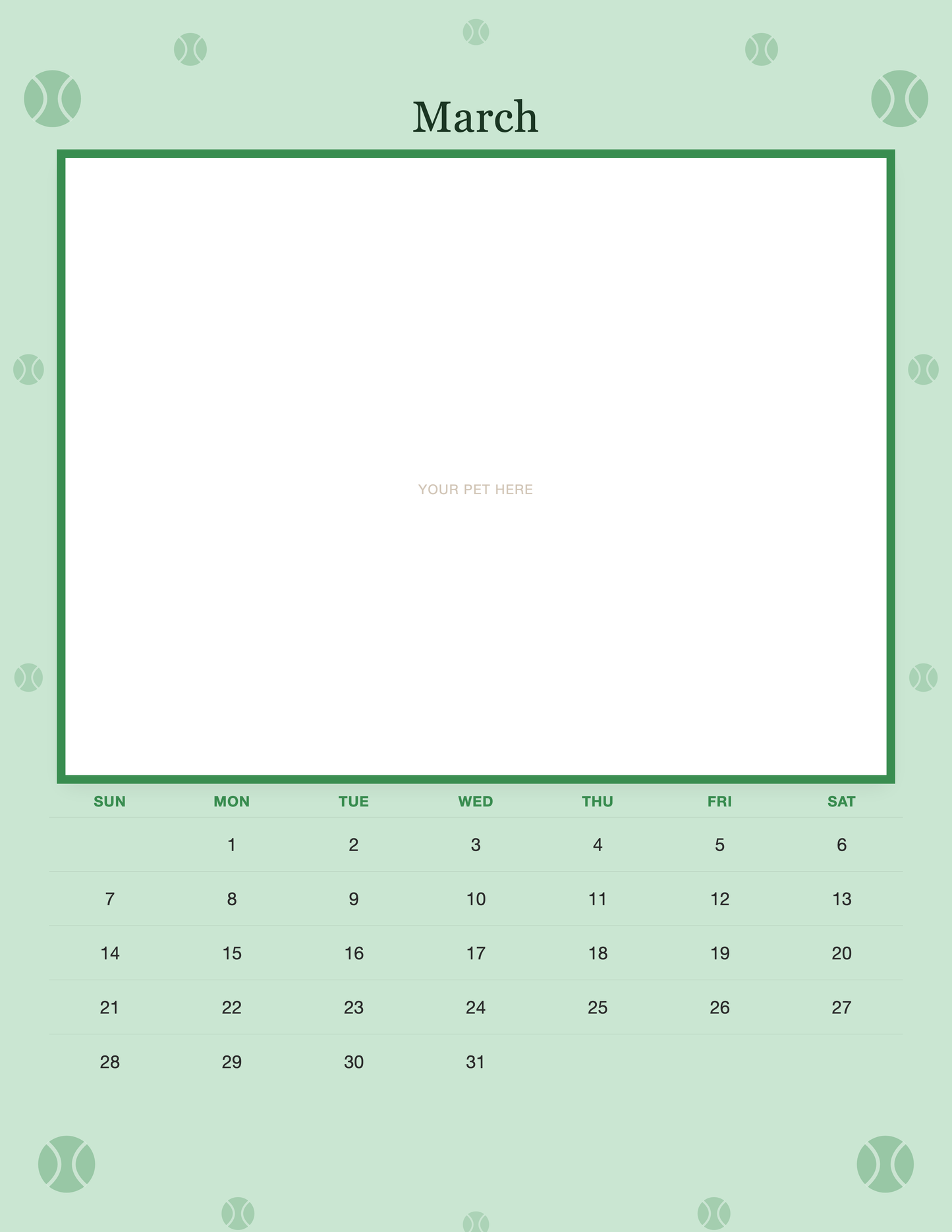 March page of the Personalized Dog Photo Wall Calendar 2027, with a photo area above the date grid