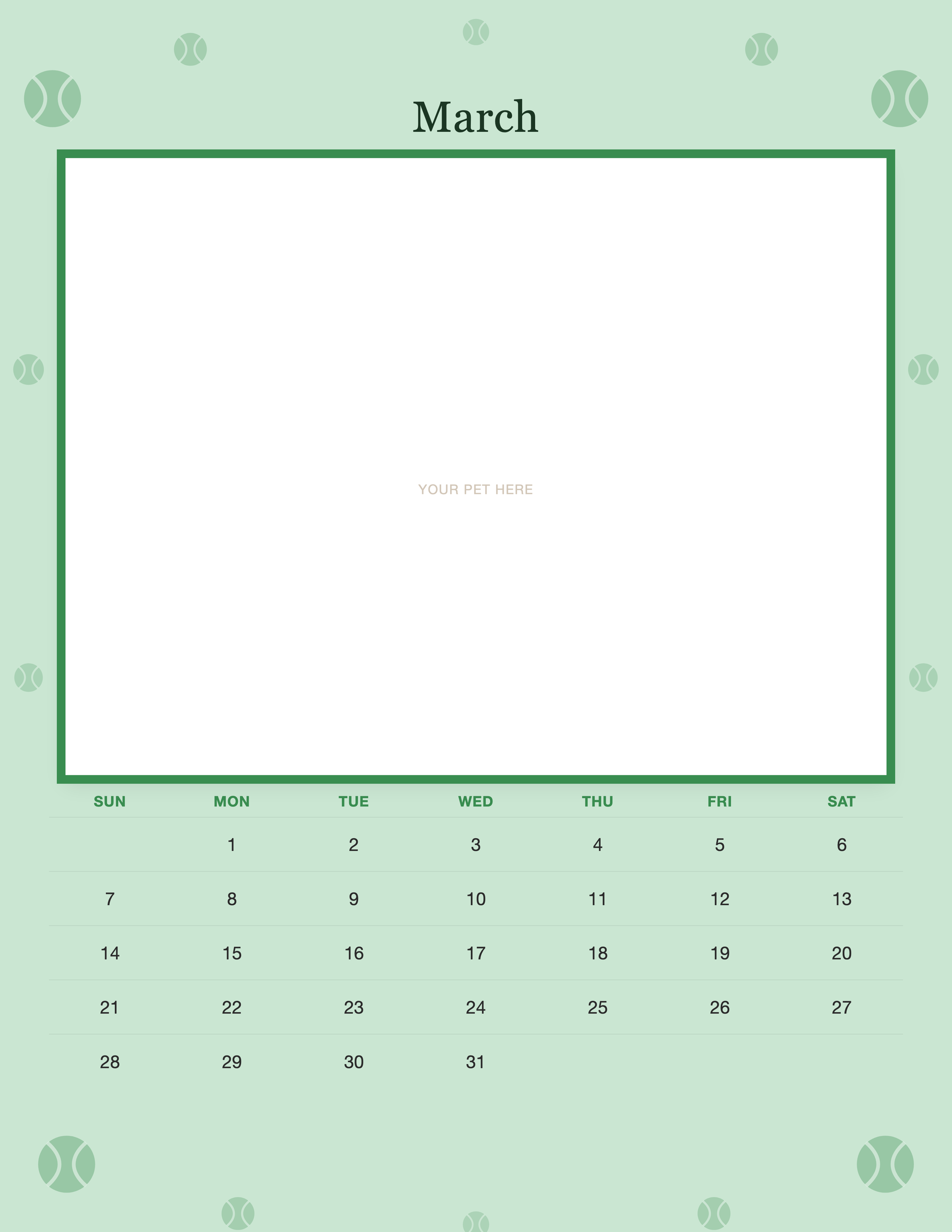 March page of the Personalized Dog Photo Wall Calendar 2027, with a photo area above the date grid