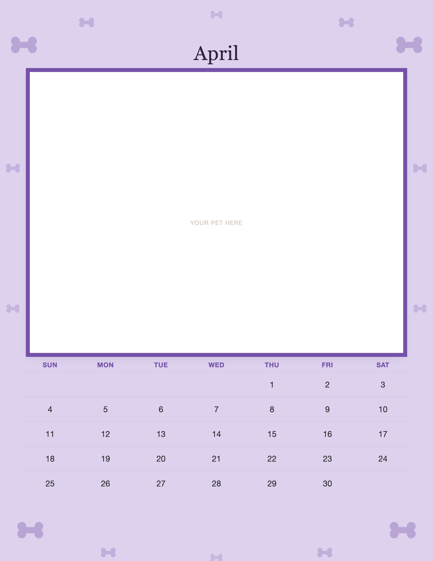 April page of the Personalized Dog Photo Wall Calendar 2027, with a photo area above the date grid