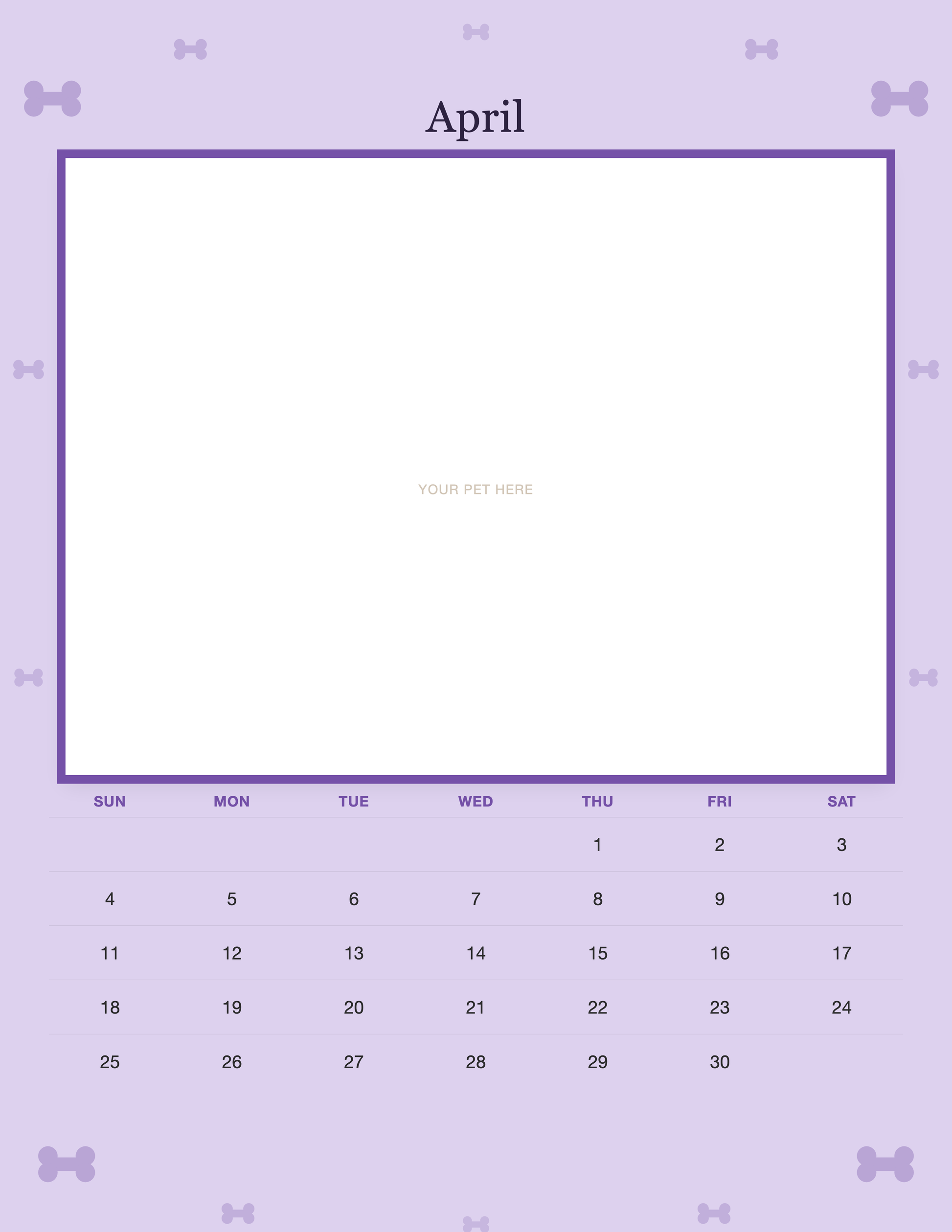 April page of the Personalized Dog Photo Wall Calendar 2027, with a photo area above the date grid