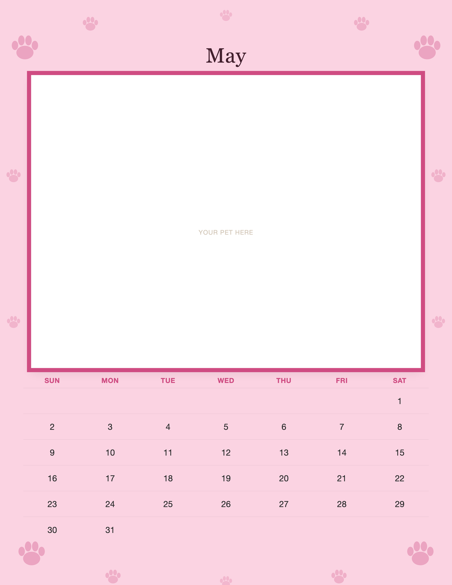 May page of the Personalized Dog Photo Wall Calendar 2027, with a photo area above the date grid
