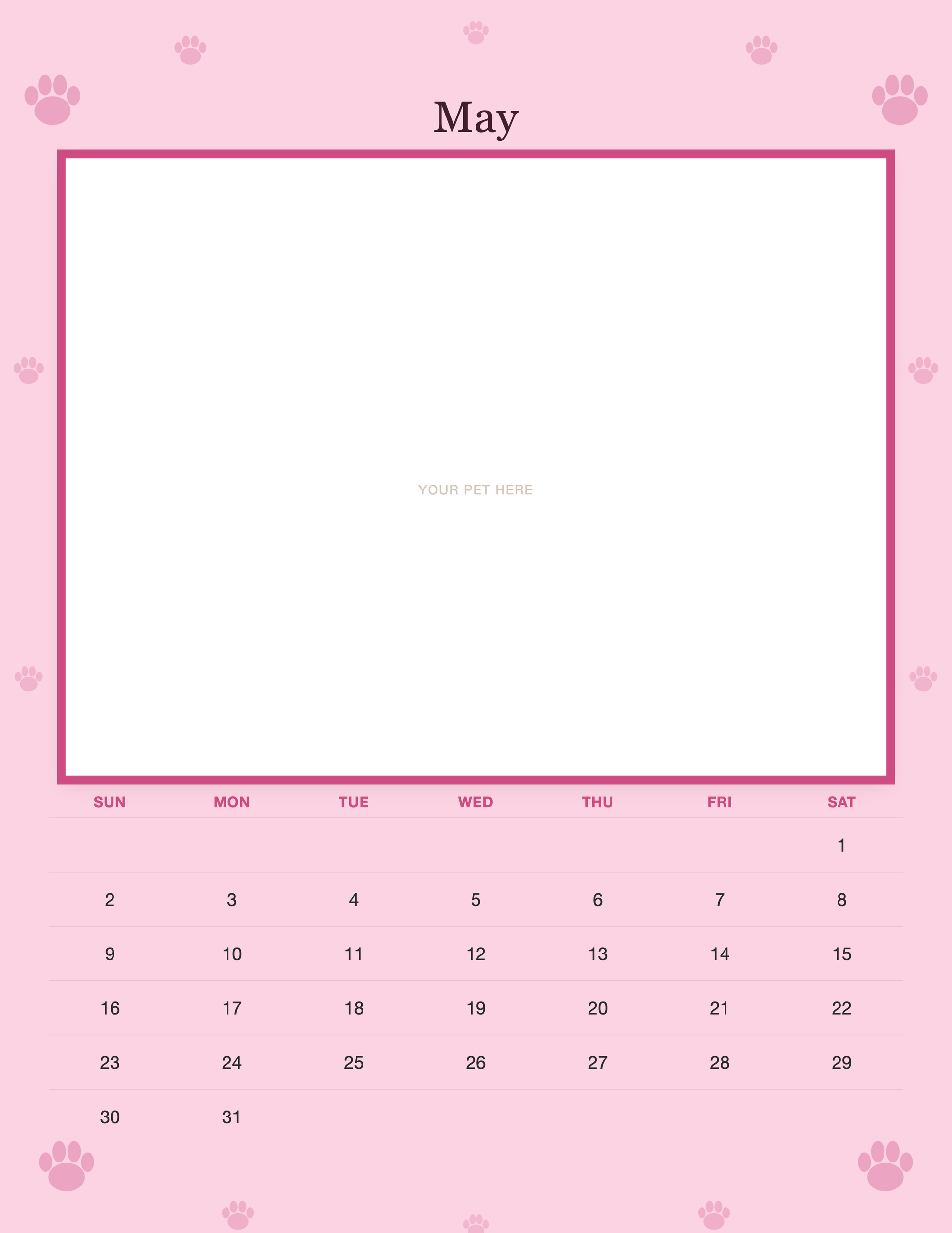 May page of the Personalized Dog Photo Wall Calendar 2027, with a photo area above the date grid