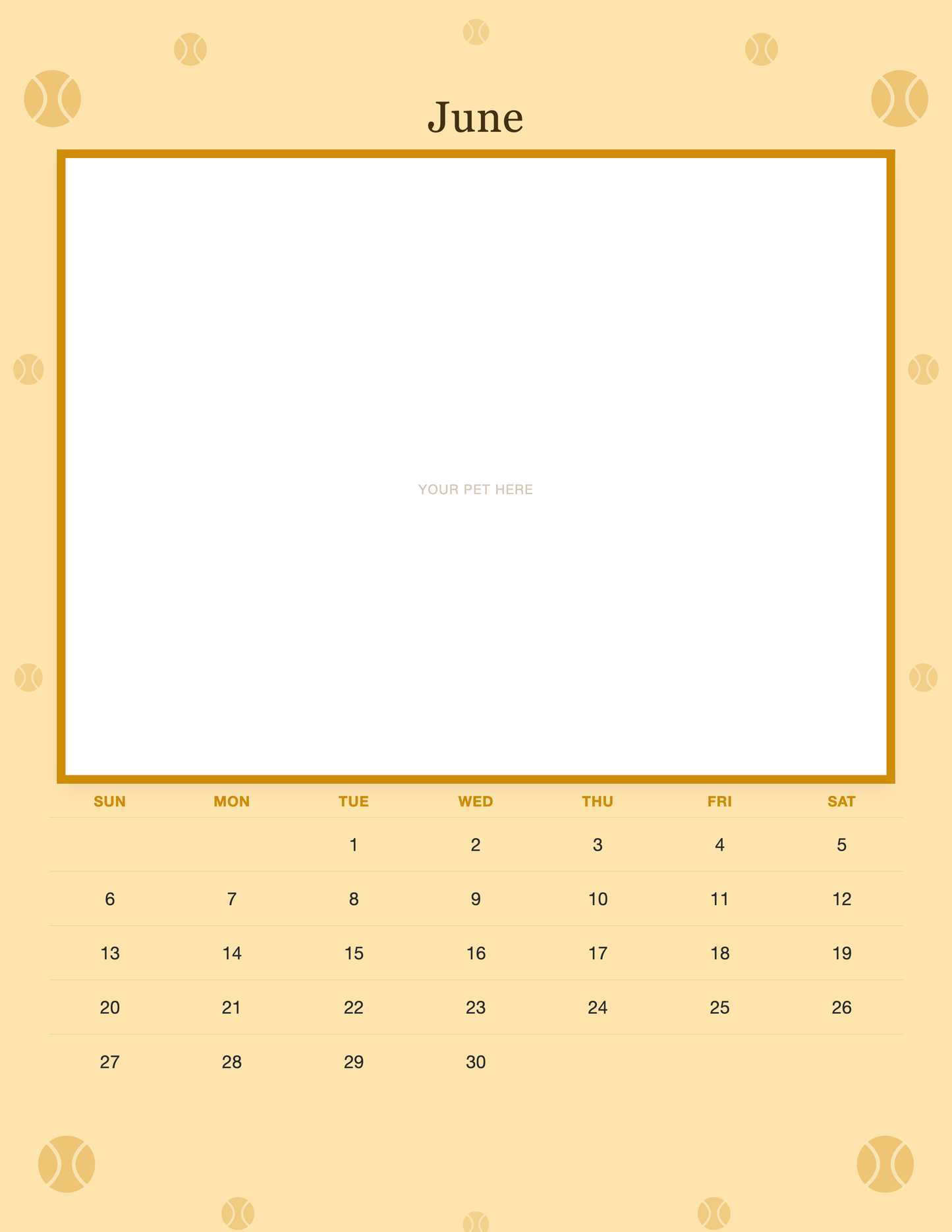 June page of the Personalized Dog Photo Wall Calendar 2027, with a photo area above the date grid