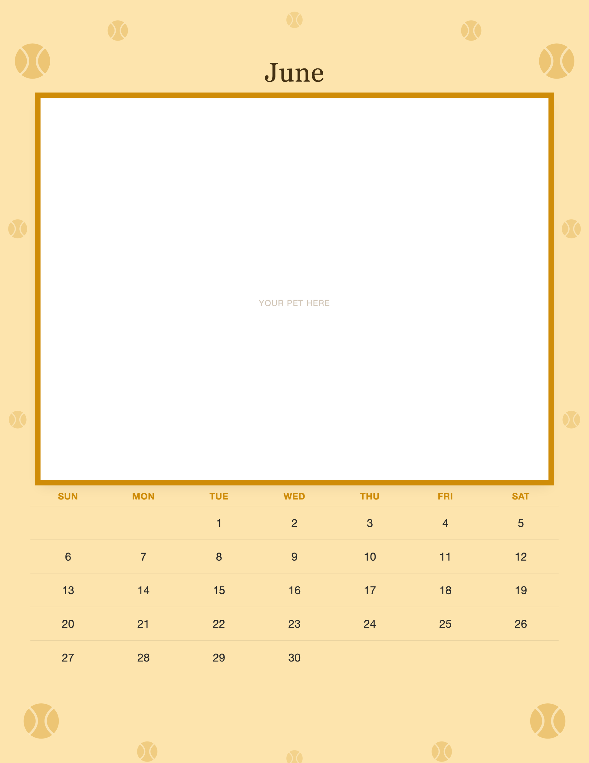 June page of the Personalized Dog Photo Wall Calendar 2027, with a photo area above the date grid