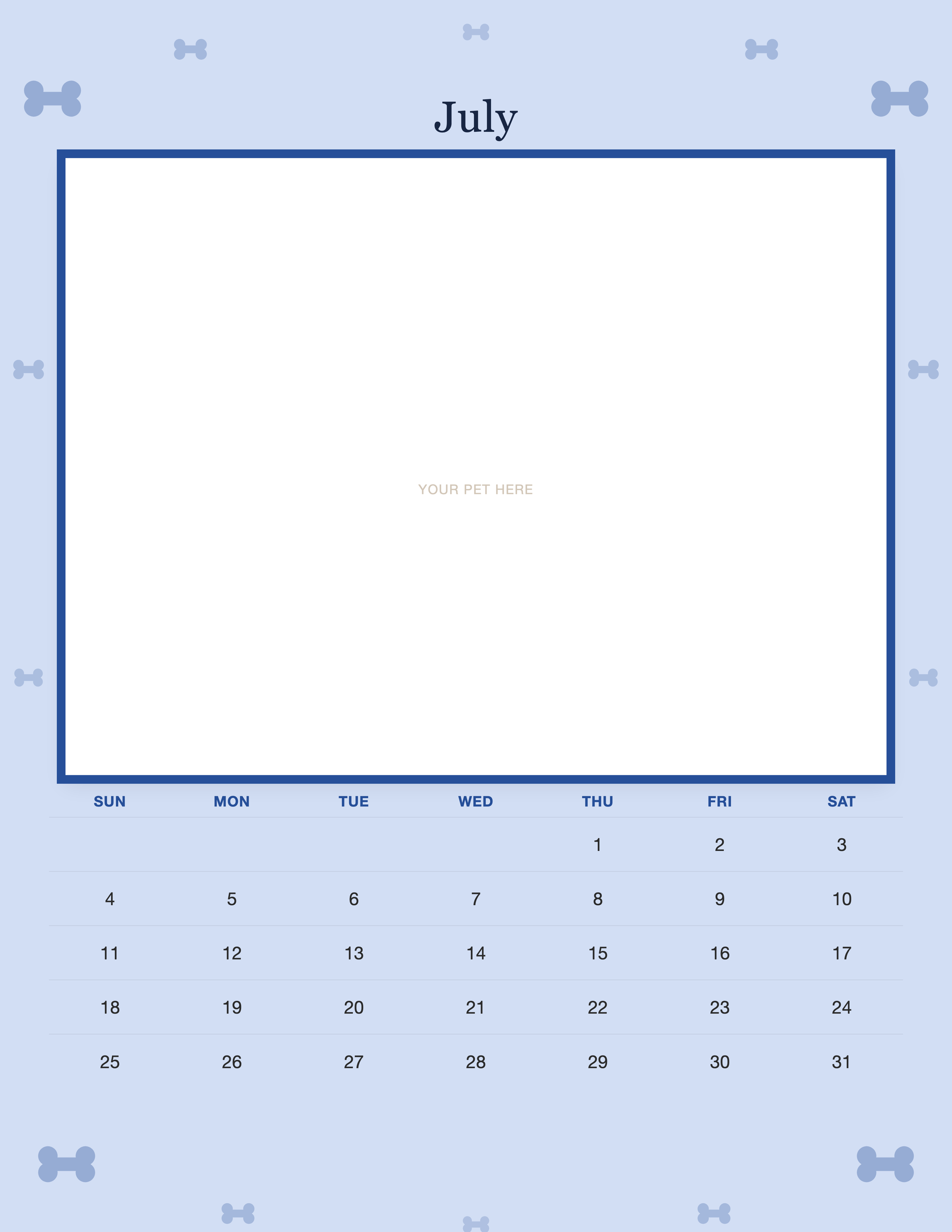 July page of the Personalized Dog Photo Wall Calendar 2027, with a photo area above the date grid