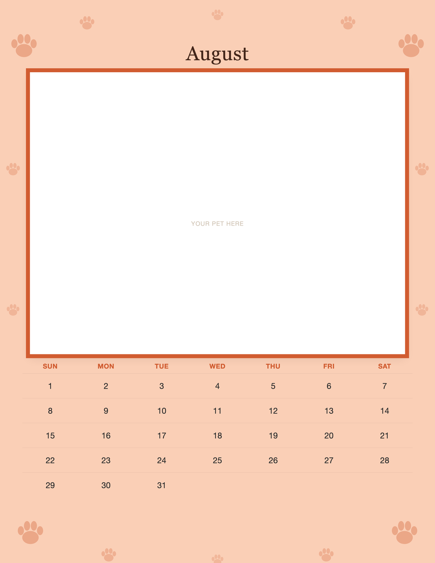 August page of the Personalized Dog Photo Wall Calendar 2027, with a photo area above the date grid