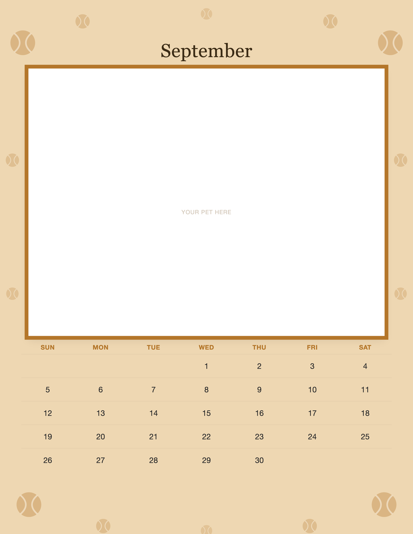 September page of the Personalized Dog Photo Wall Calendar 2027, with a photo area above the date grid