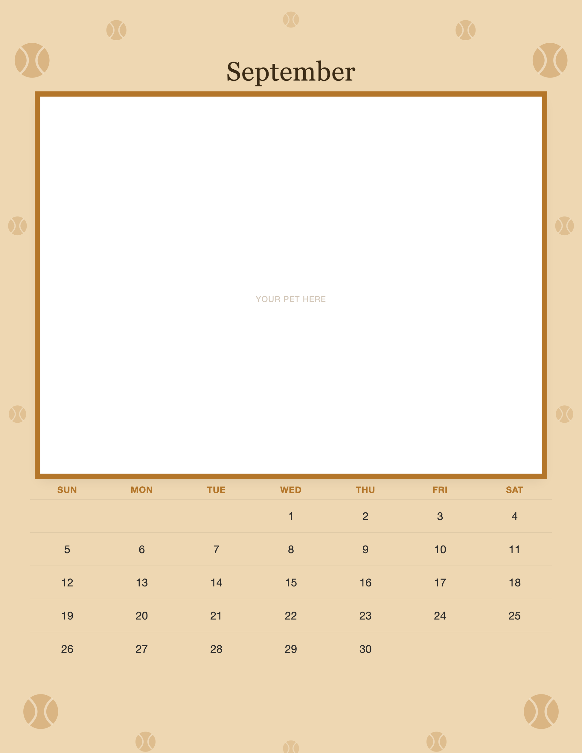 September page of the Personalized Dog Photo Wall Calendar 2027, with a photo area above the date grid