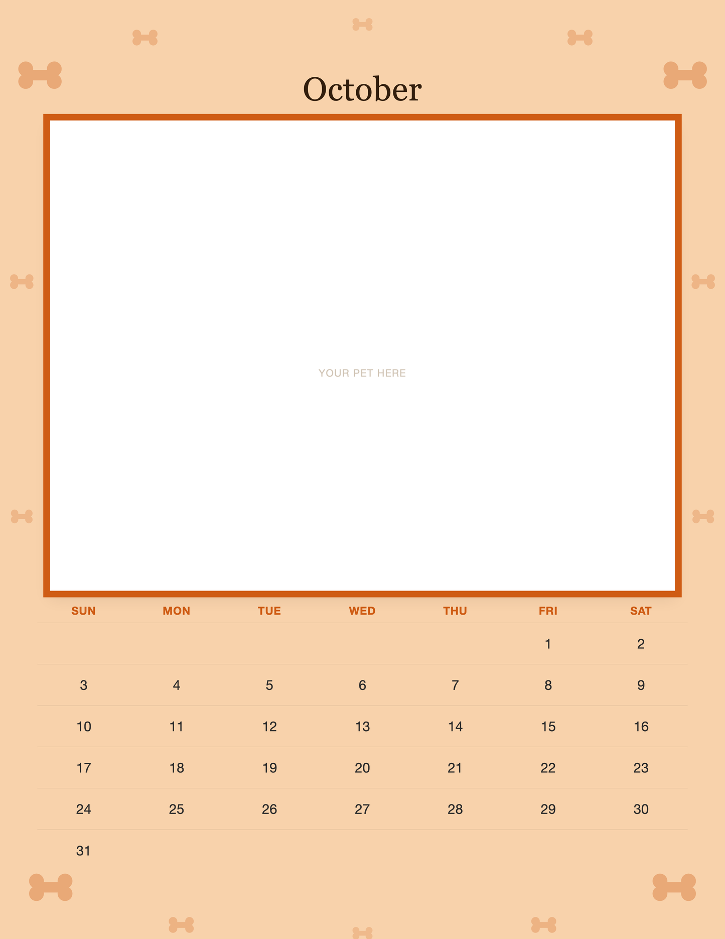 October page of the Personalized Dog Photo Wall Calendar 2027, with a photo area above the date grid