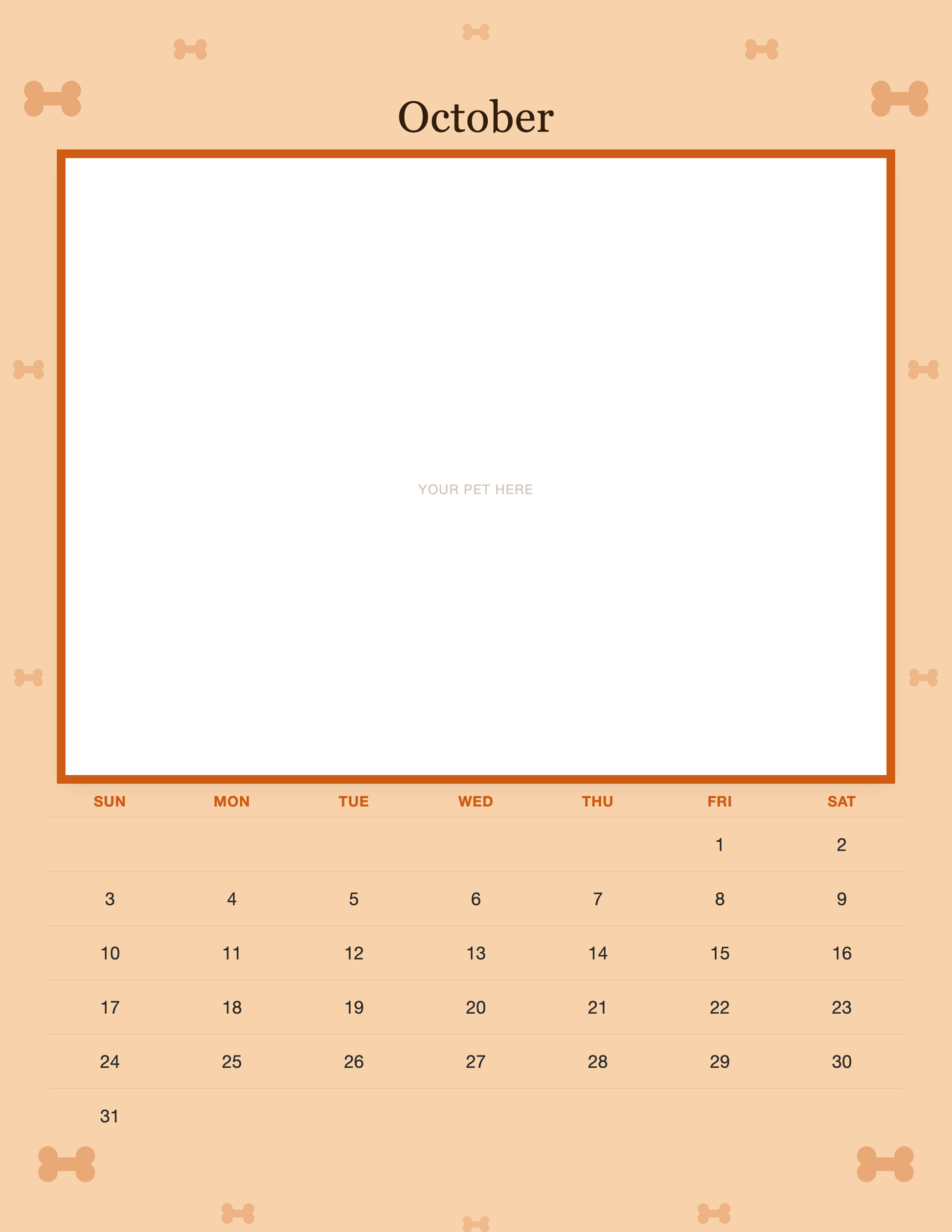 October page of the Personalized Dog Photo Wall Calendar 2027, with a photo area above the date grid