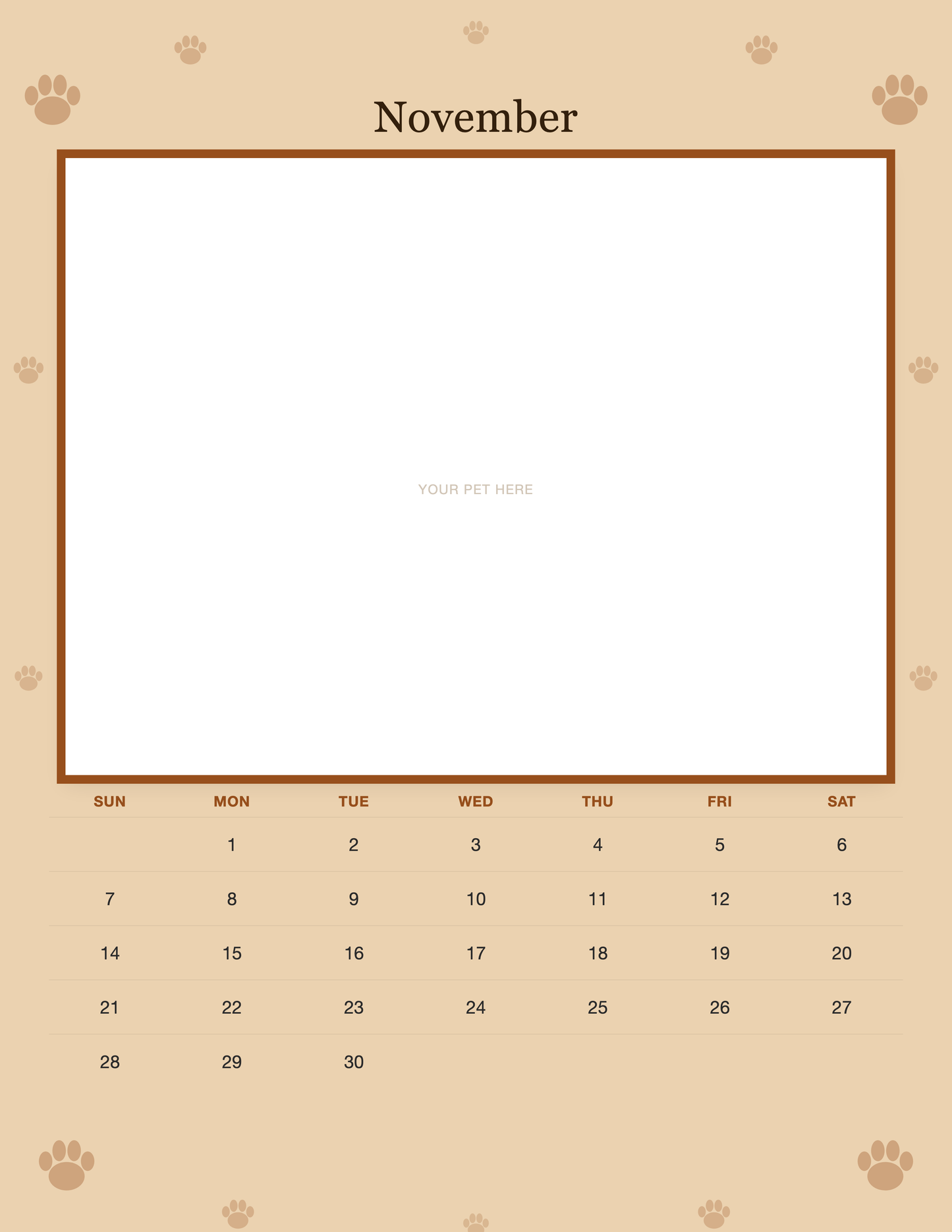 November page of the Personalized Dog Photo Wall Calendar 2027, with a photo area above the date grid