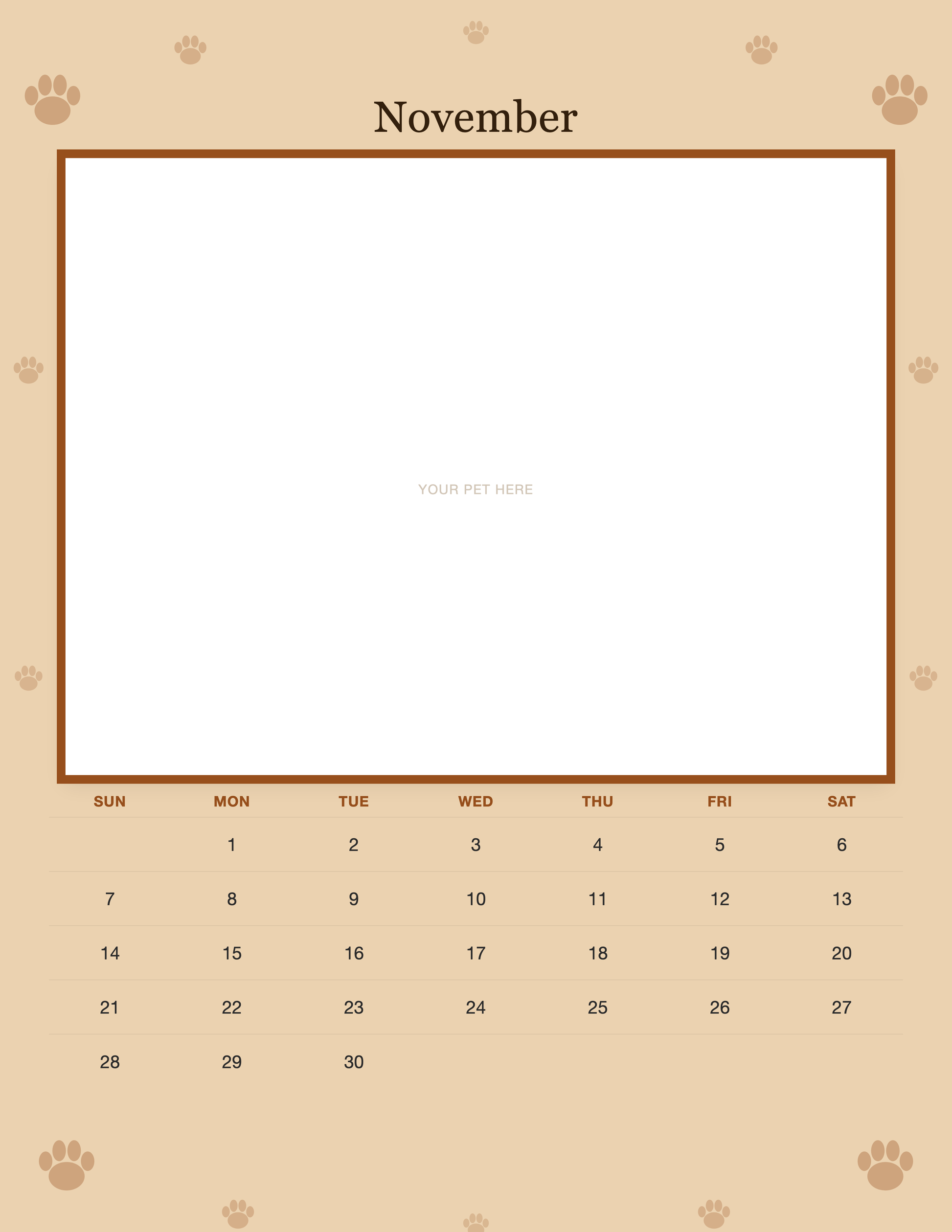 November page of the Personalized Dog Photo Wall Calendar 2027, with a photo area above the date grid