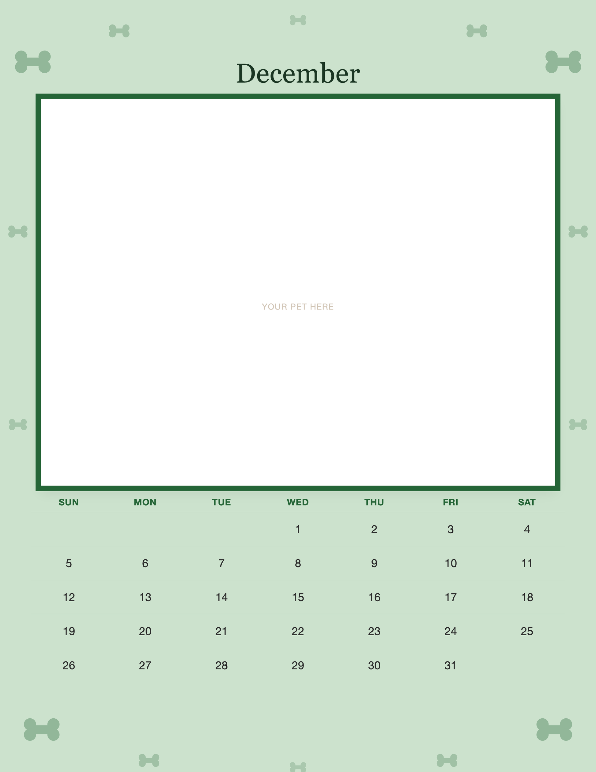 December page of the Personalized Dog Photo Wall Calendar 2027, with a photo area above the date grid