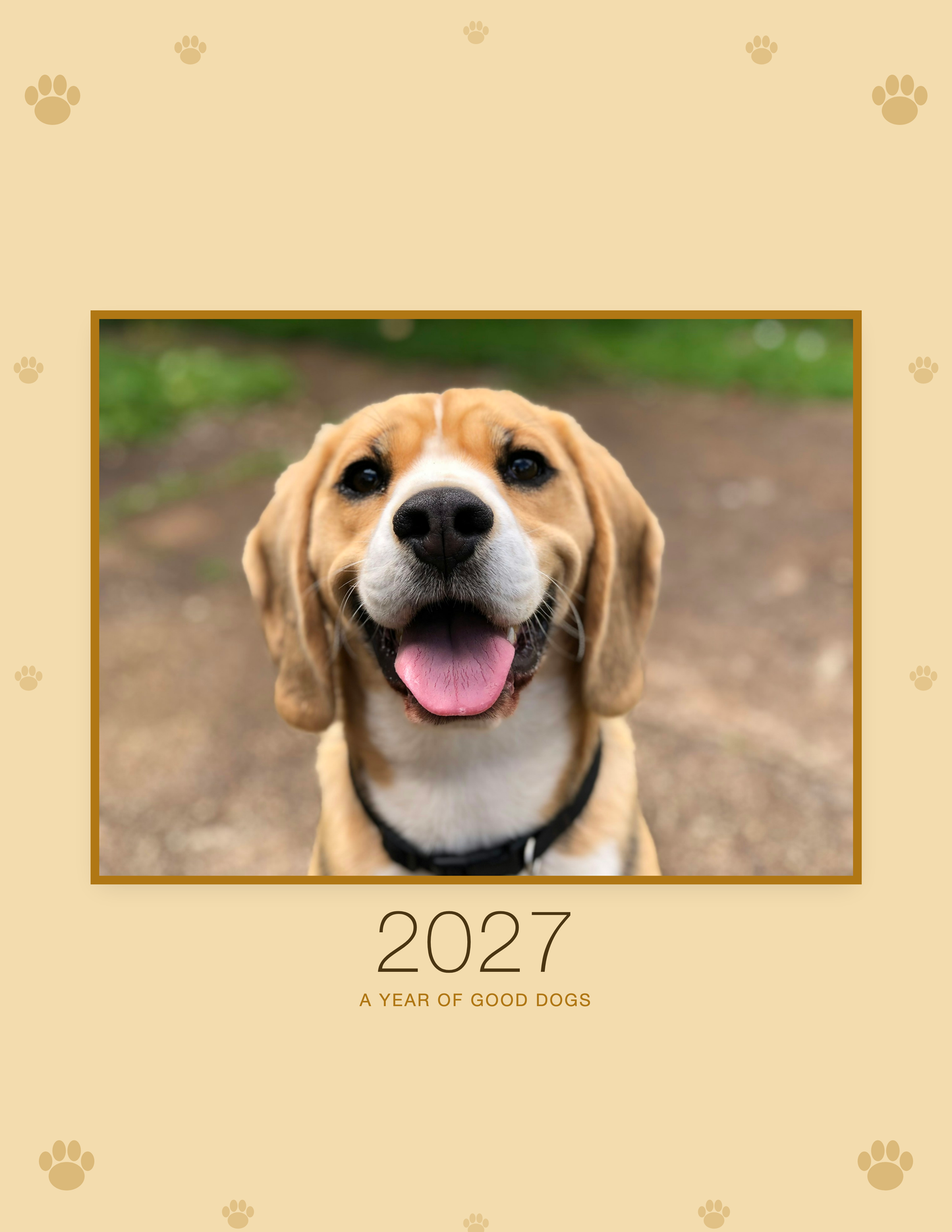 Personalized Dog Photo Wall Calendar 2027 shown with a sample pet photo on the cover