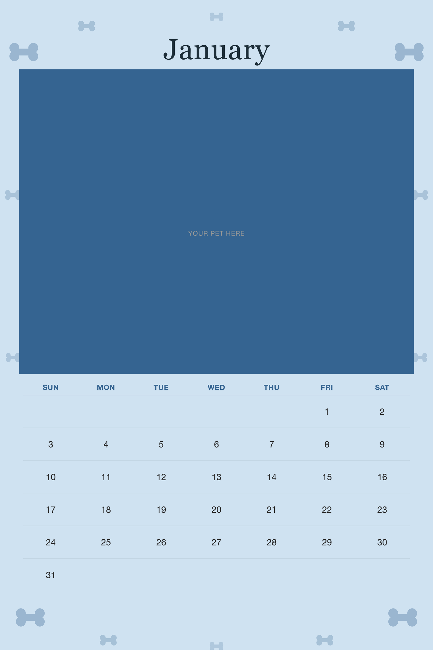 January page of the Personalized Dog Photo Wall Calendar 2027, with a photo area above the date grid
