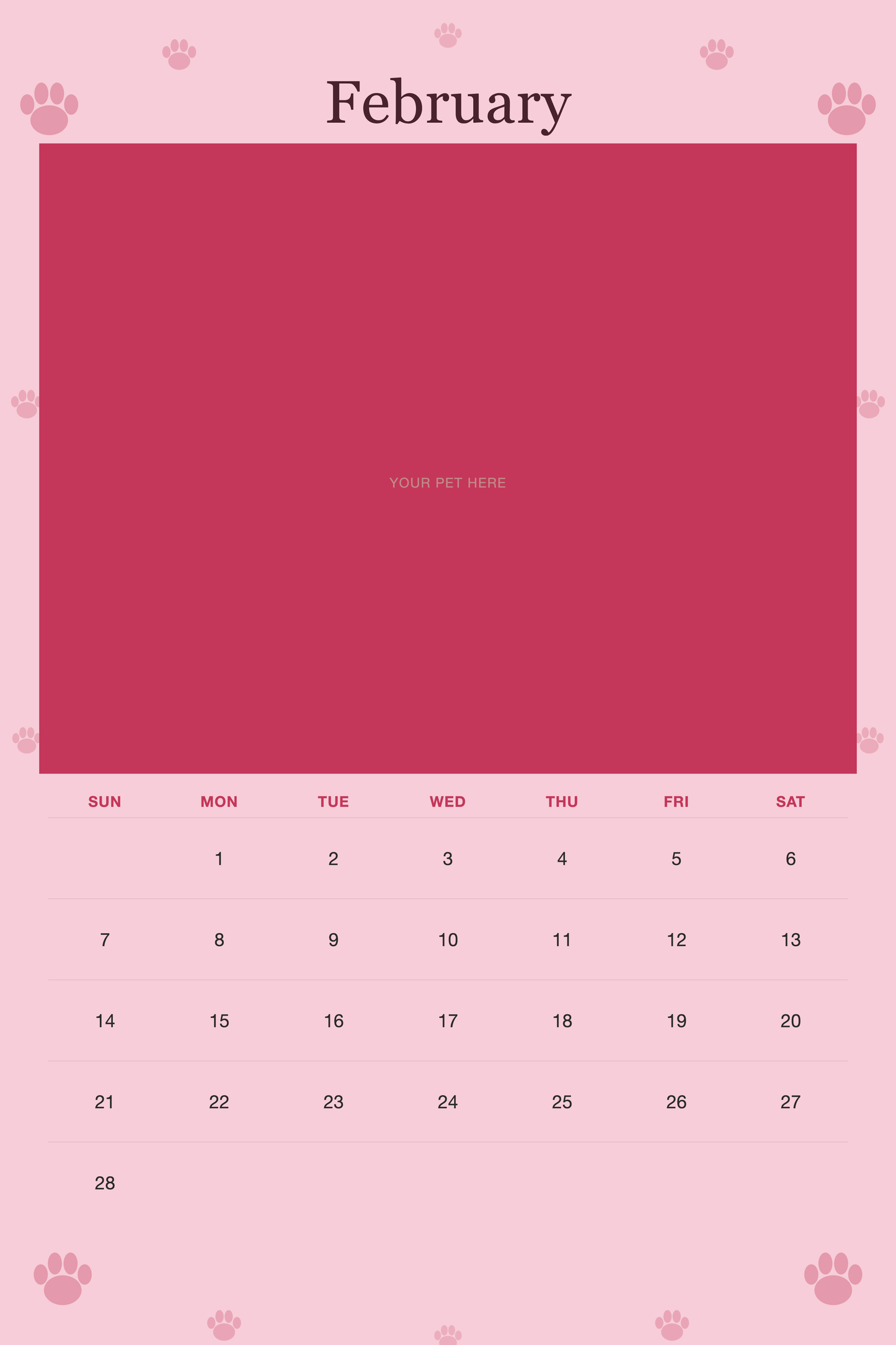 February page of the Personalized Dog Photo Wall Calendar 2027, with a photo area above the date grid