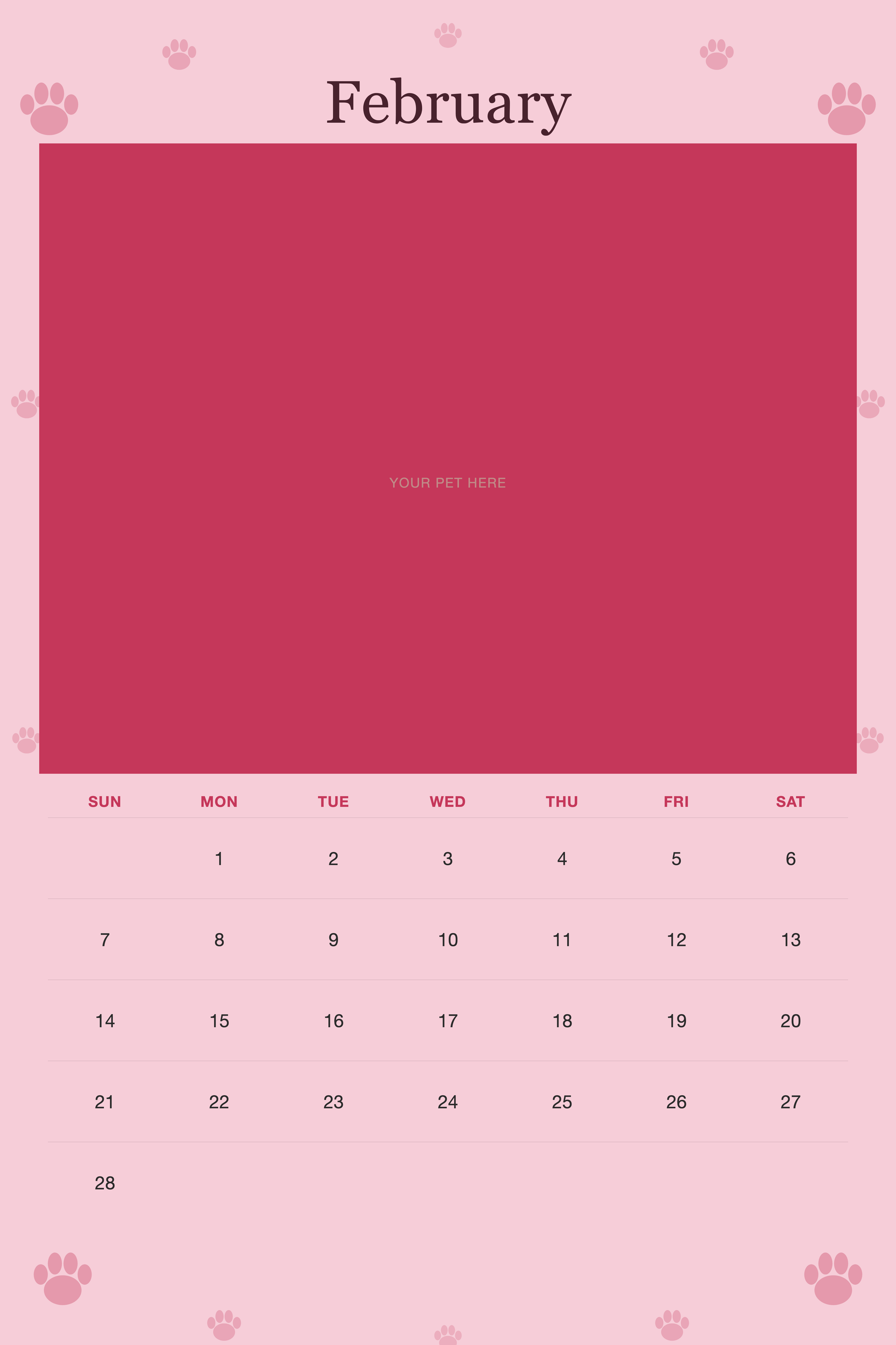 February page of the Personalized Dog Photo Wall Calendar 2027, with a photo area above the date grid